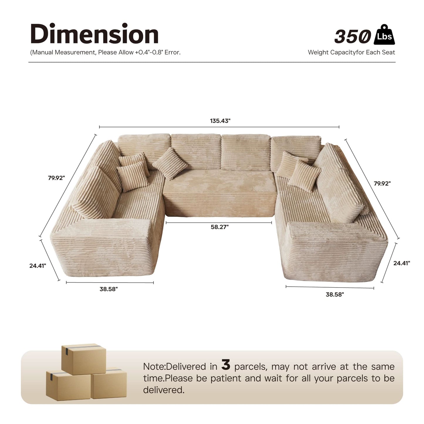 Modular Sectional Cloud Couch, Plush Corduroy Sofa with Memory Foam, No Assembly