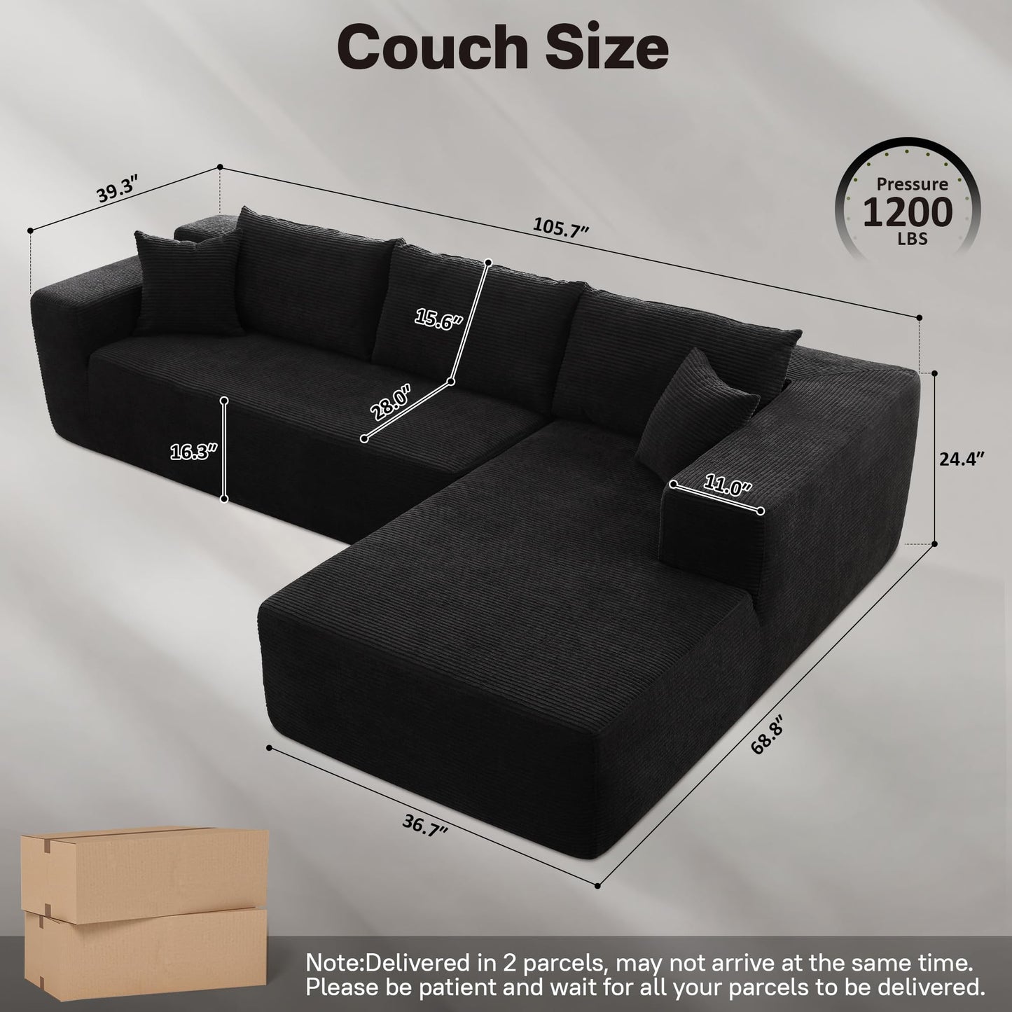 104" L-Shape Modular Couch with Chaise, Plush Corduroy Fabric, No Assembly Required