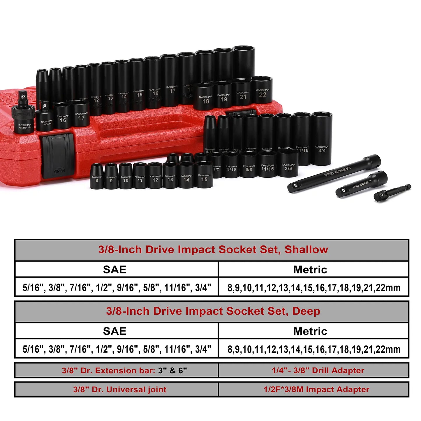 3/8 Inch Drive CR-V Impact Socket Set 49PCS, Complete Mechanic Tool Kit with Full Accessories for Auto Maintenance