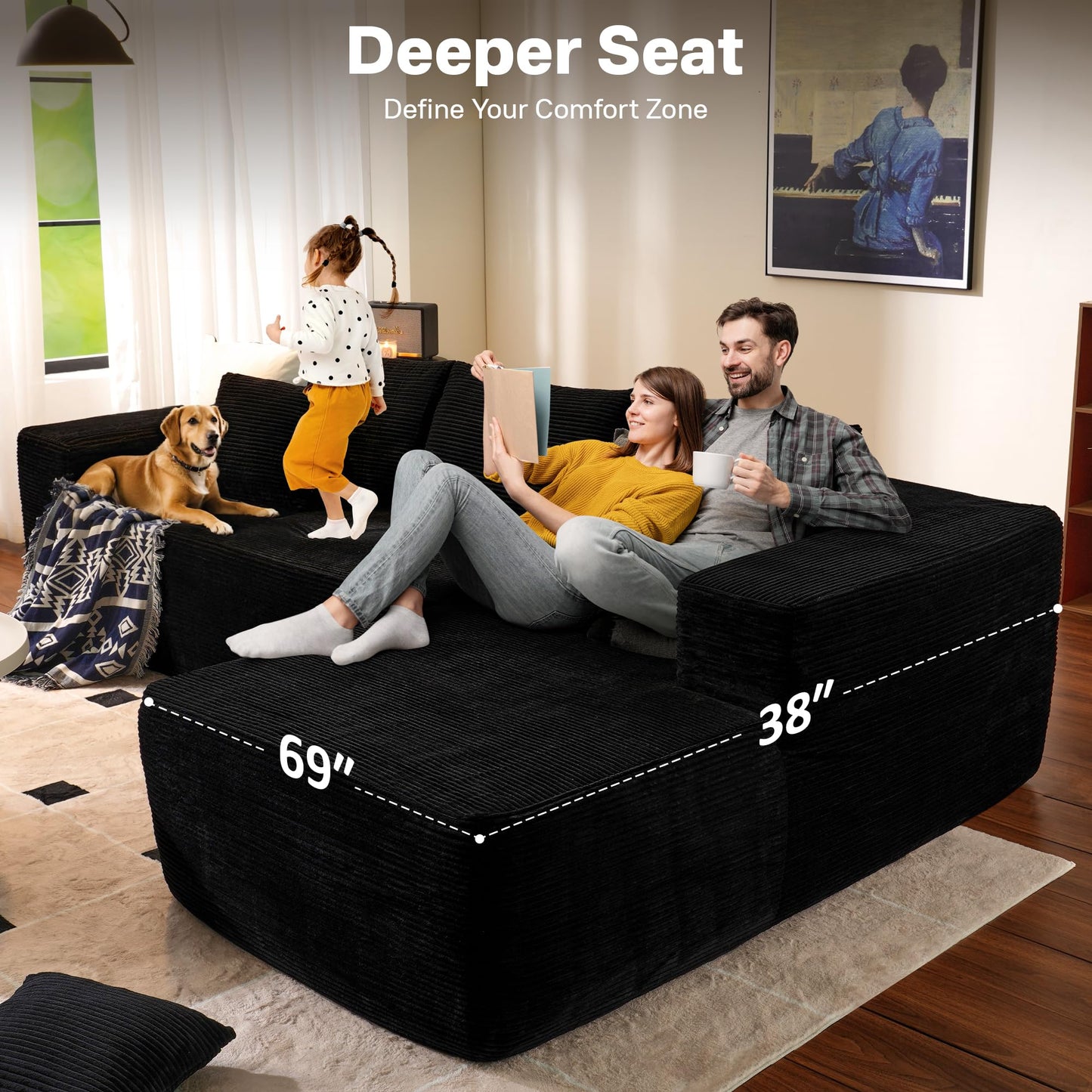 104" L-Shape Modular Couch with Chaise,Corduroy Fabric,No Assembly Required