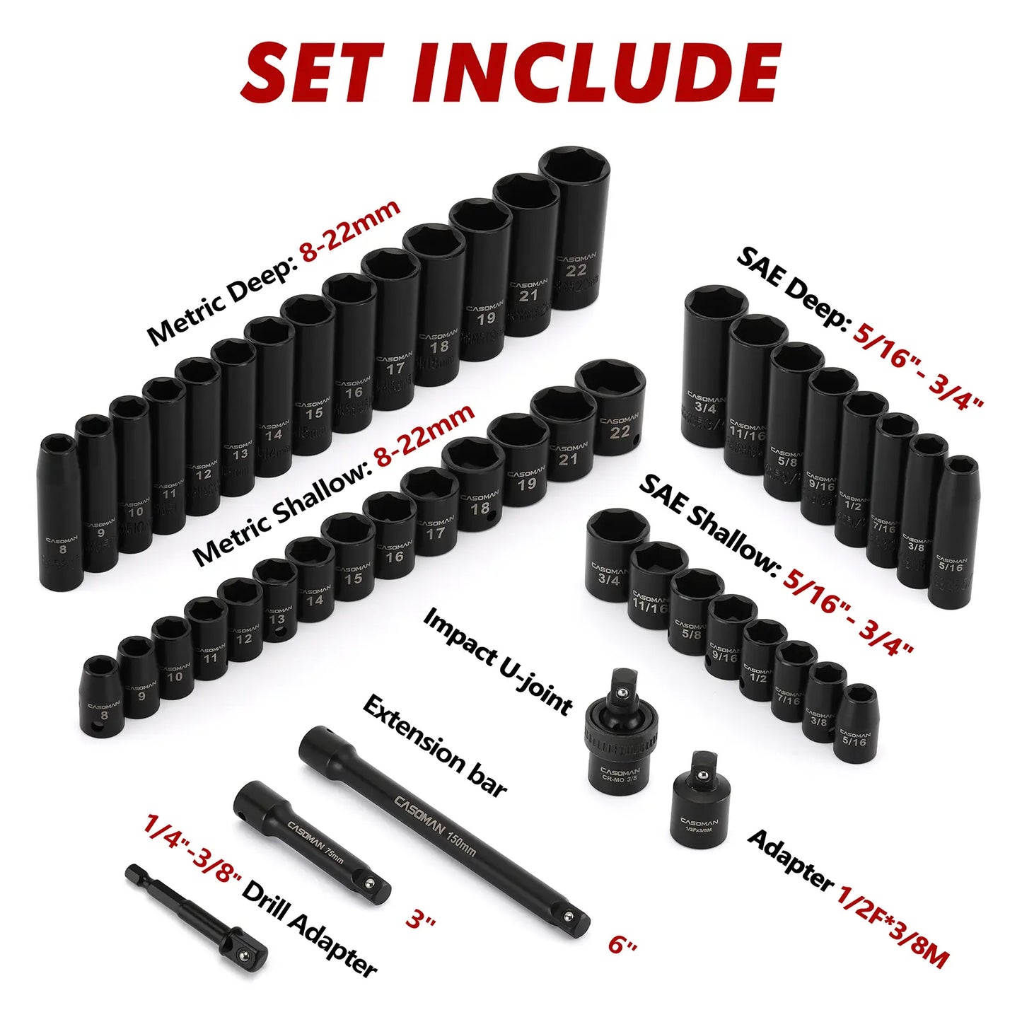 3/8 Inch Drive CR-V Impact Socket Set 49PCS, Complete Mechanic Tool Kit with Full Accessories for Auto Maintenance