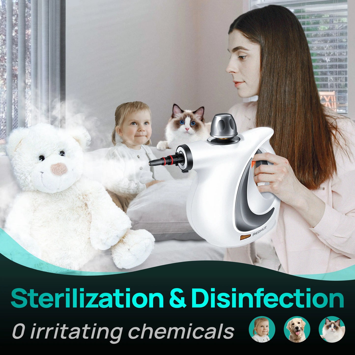 Powerful Handheld Steam Cleaner 12-Piece Set, Chemical-Free Multi-Surface Steamer for Kitchen, Appliances & Car Cleaning