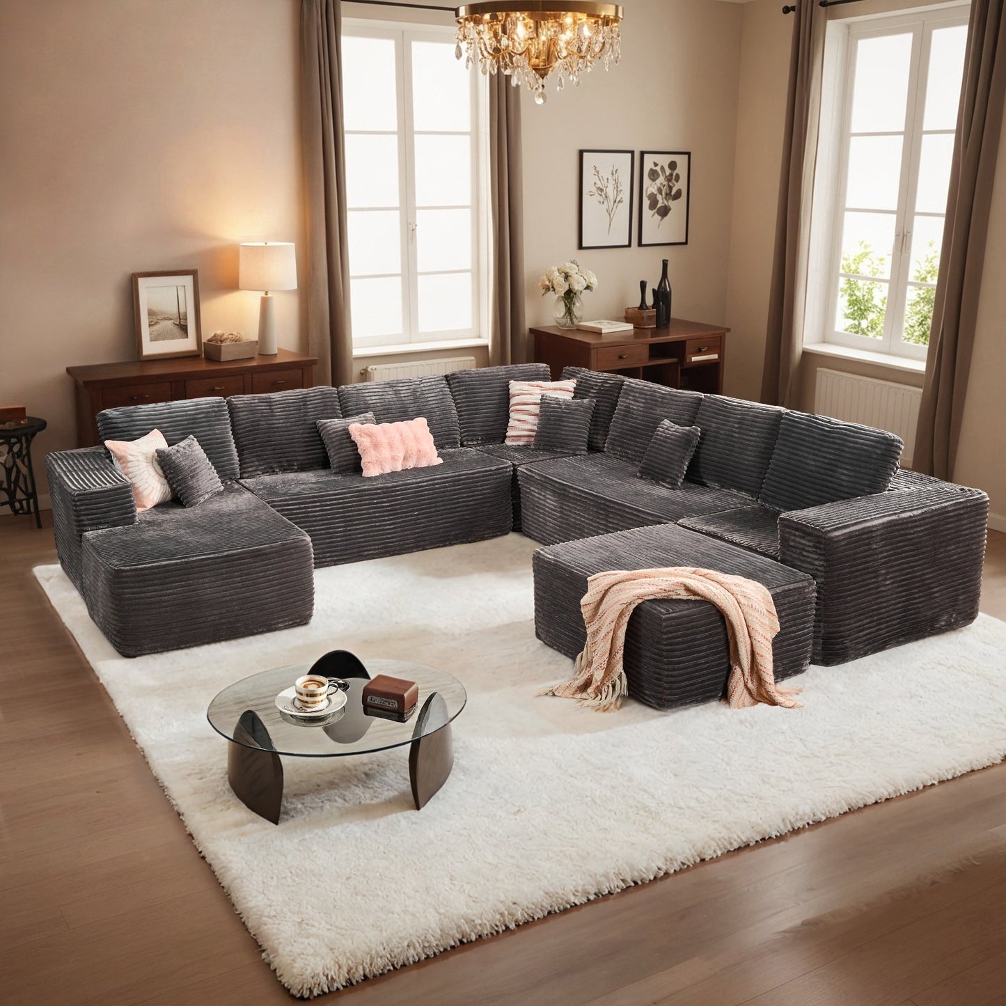 Modular Sectional Cloud Couch, Plush Corduroy Sofa with Memory Foam, No Assembly