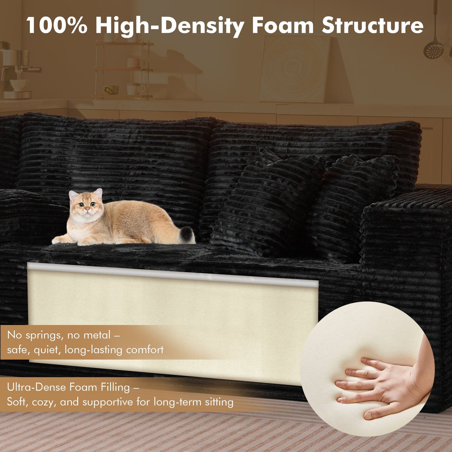 104" L-Shape Modular Couch with Chaise, Plush Corduroy Fabric, No Assembly Required