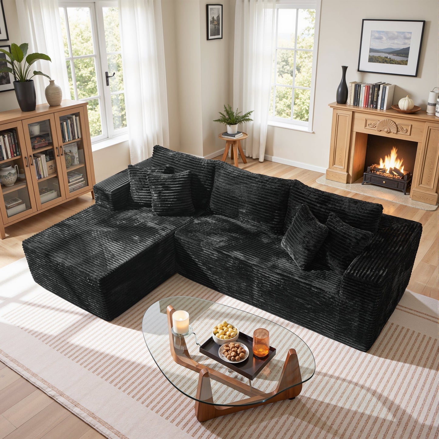 104" L-Shape Modular Couch with Chaise, Plush Corduroy Fabric, No Assembly Required