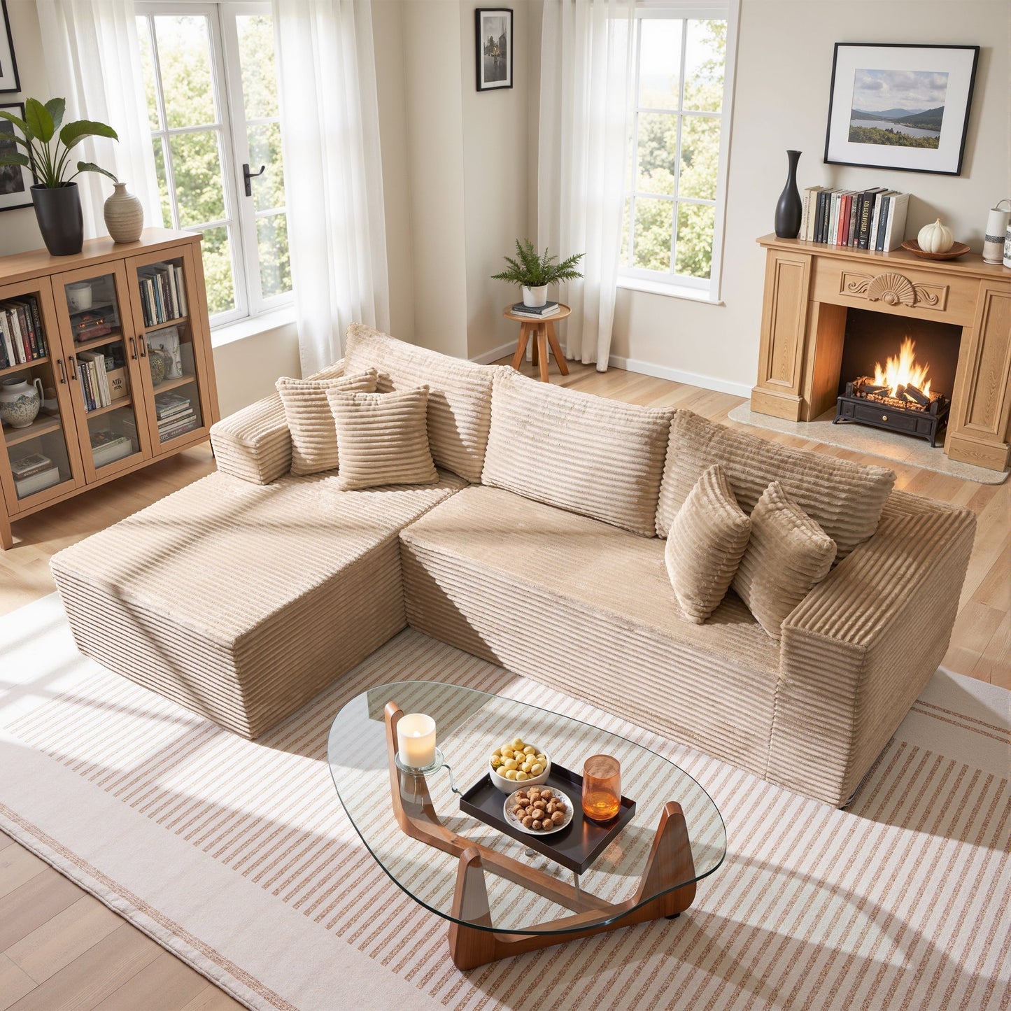 104" L-Shape Modular Couch with Chaise, Plush Corduroy Fabric, No Assembly Required