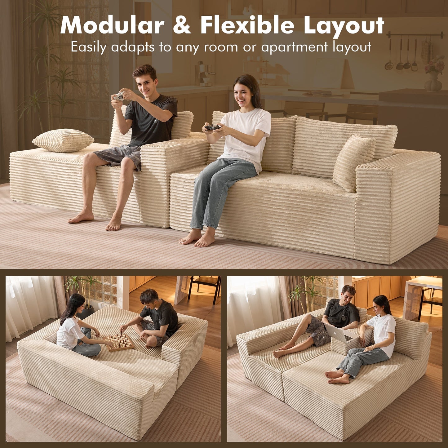 104" L-Shape Modular Couch with Chaise, Plush Corduroy Fabric, No Assembly Required