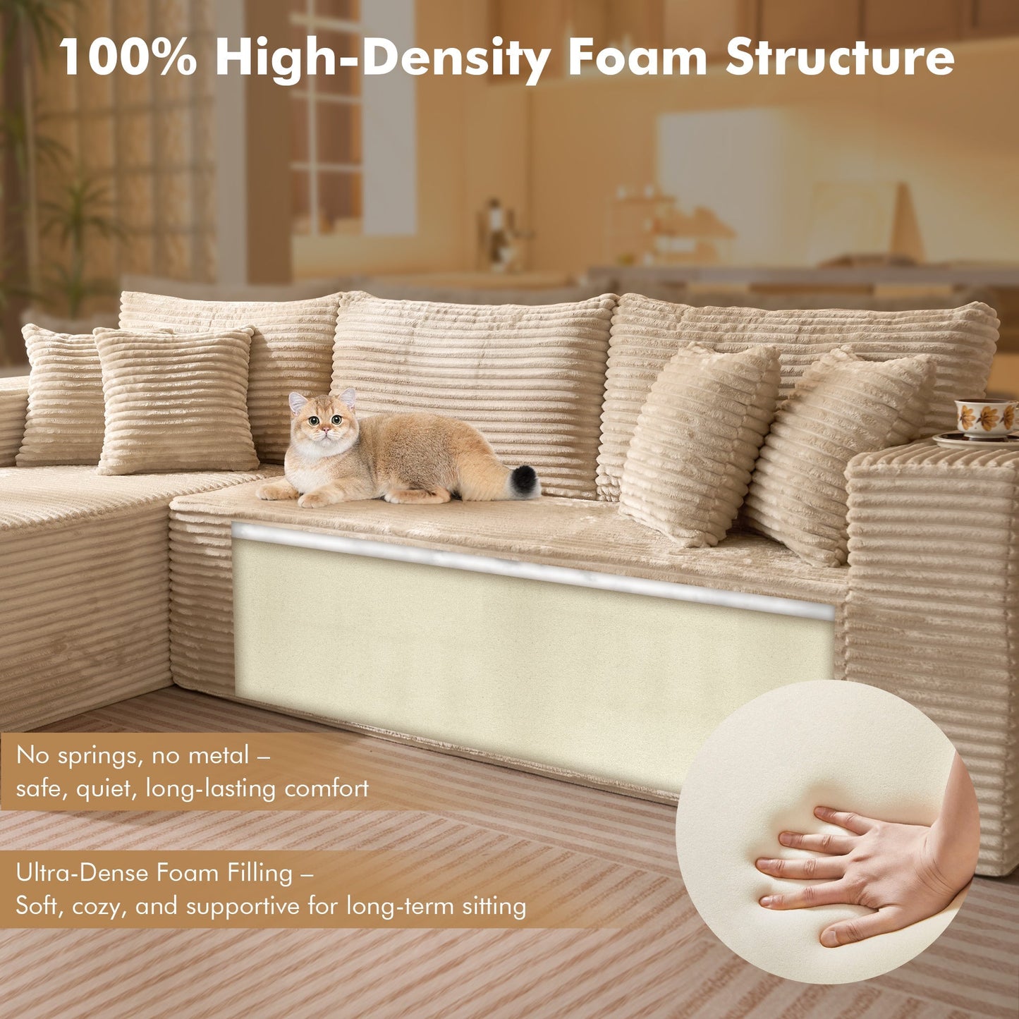 104" L-Shape Modular Couch with Chaise, Plush Corduroy Fabric, No Assembly Required