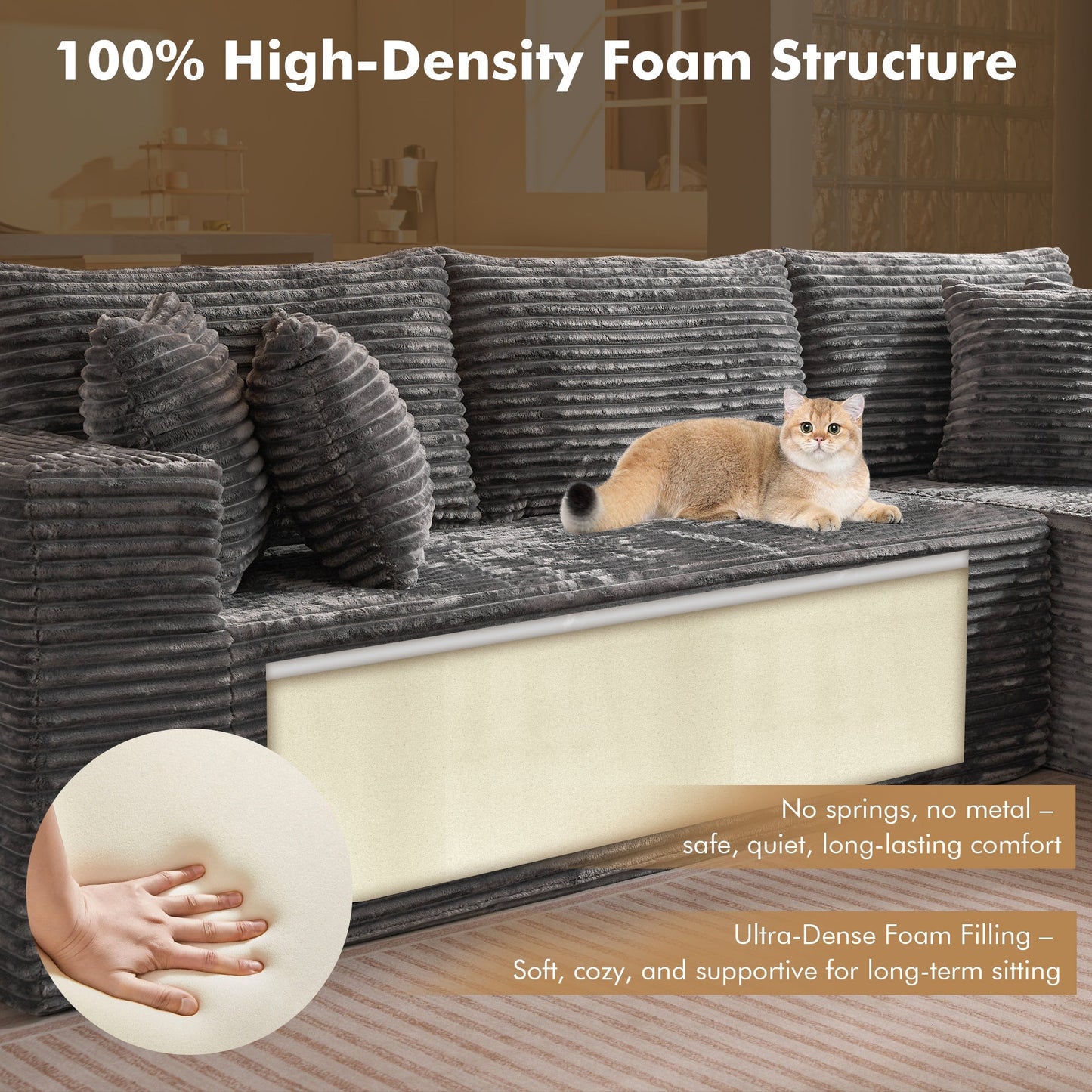 104" L-Shape Modular Couch with Chaise, Plush Corduroy Fabric, No Assembly Required