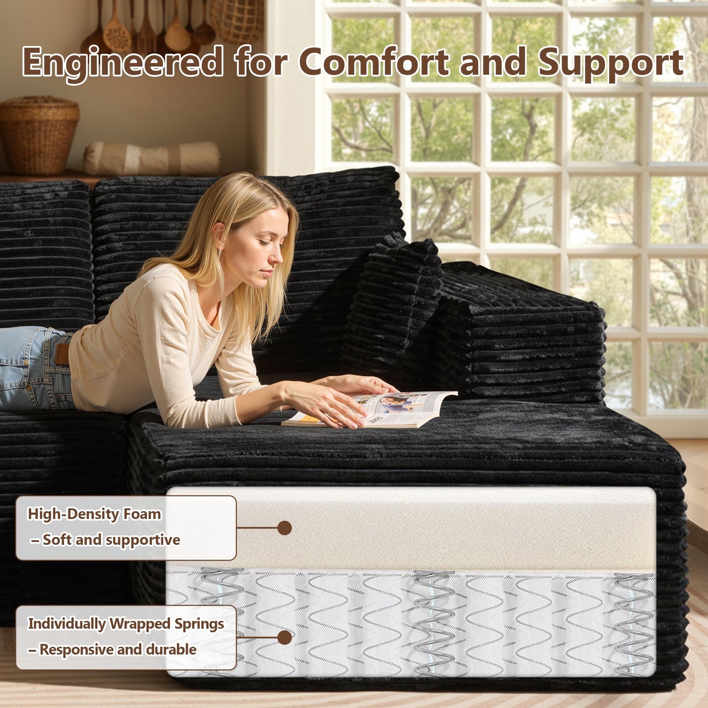 U-Shaped Modular Sectional Sofa with Chaise, Plush Corduroy Fabric, No Assembly