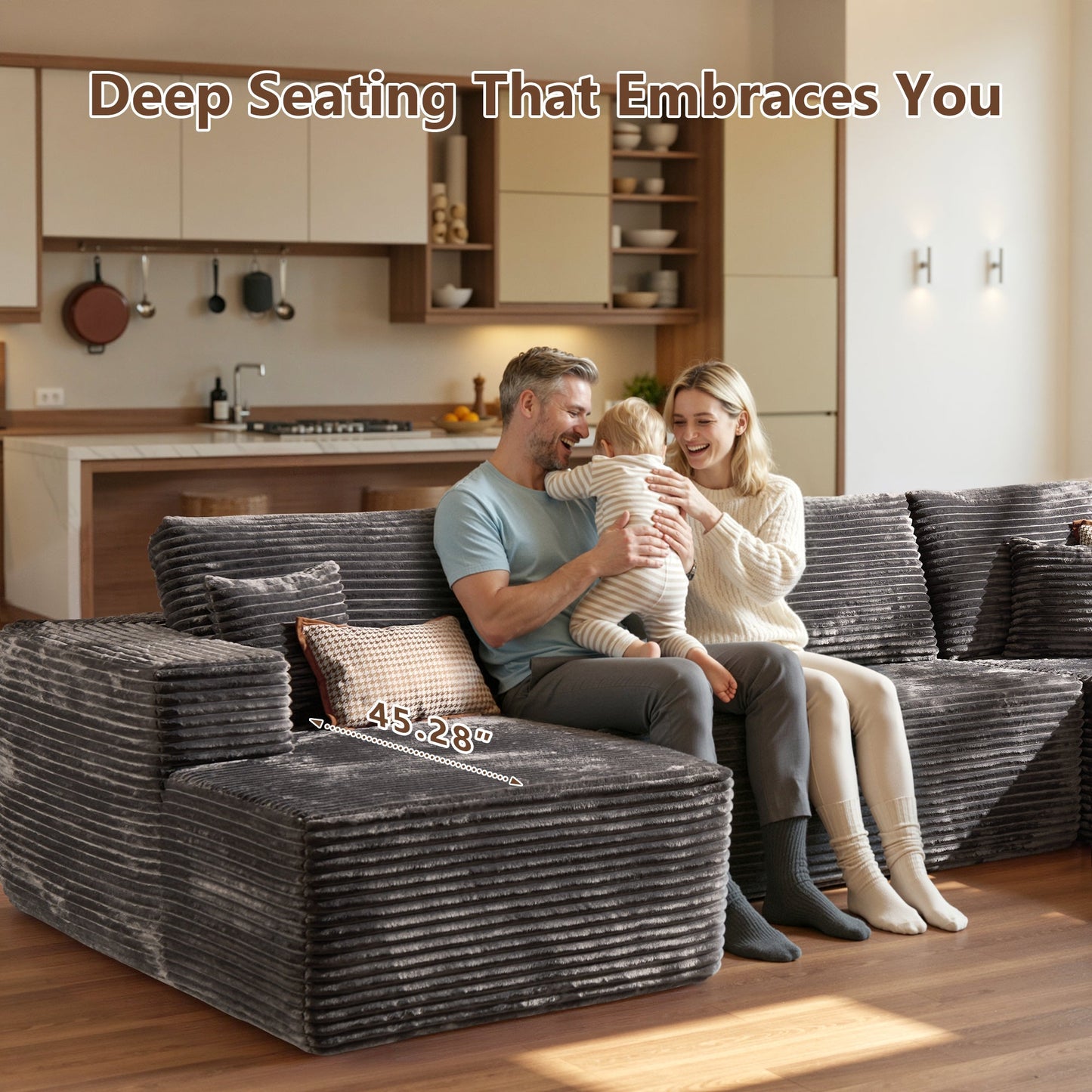 U-Shaped Modular Sectional Sofa with Chaise, Plush Corduroy Fabric, No Assembly