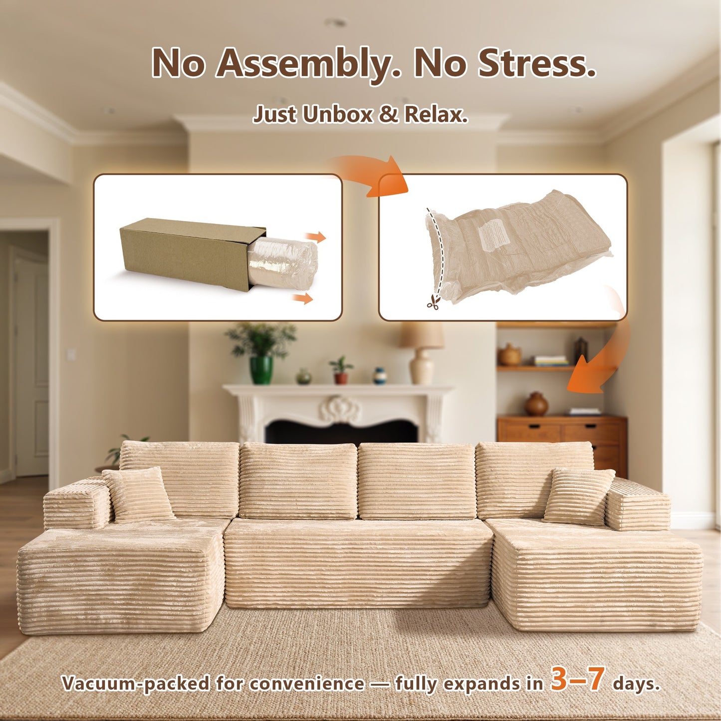 U-Shaped Modular Sectional Sofa with Chaise, Plush Corduroy Fabric, No Assembly