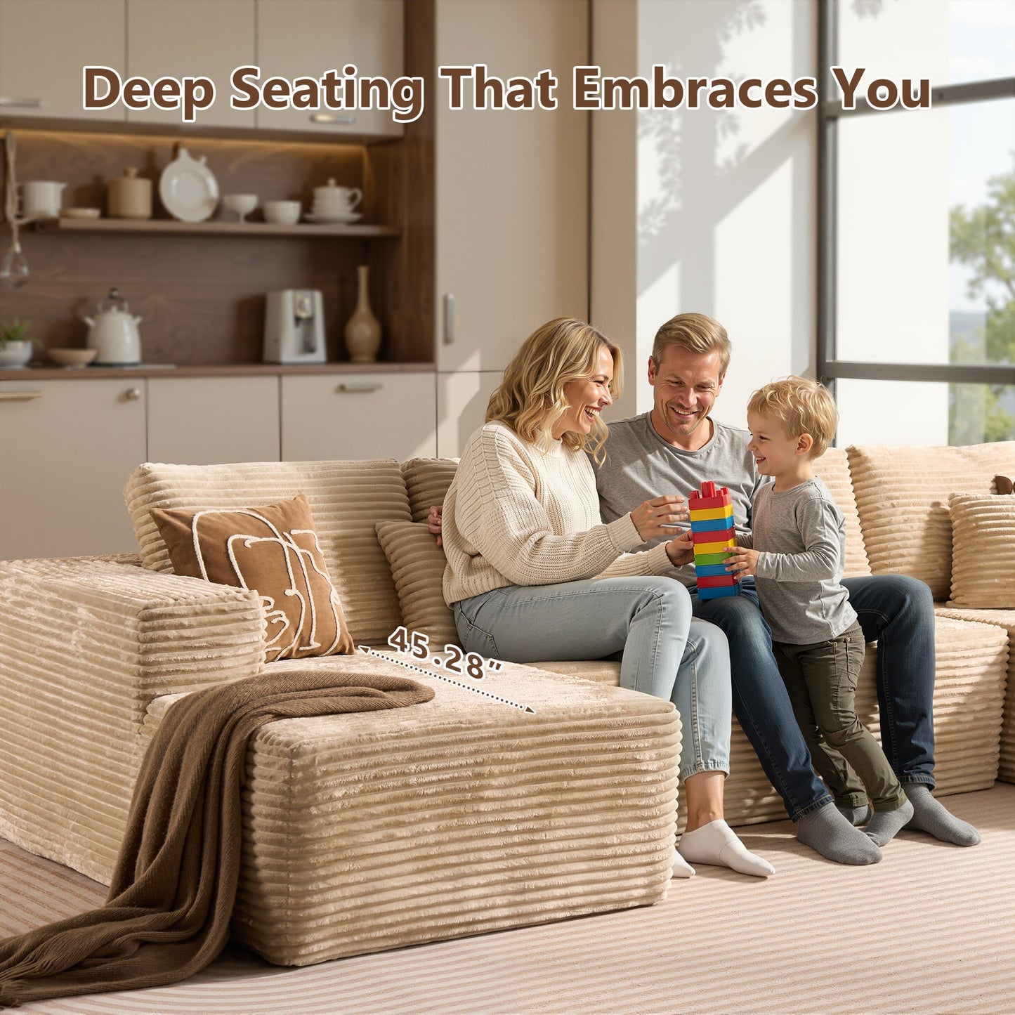U-Shaped Modular Sectional Sofa with Chaise, Plush Corduroy Fabric, No Assembly