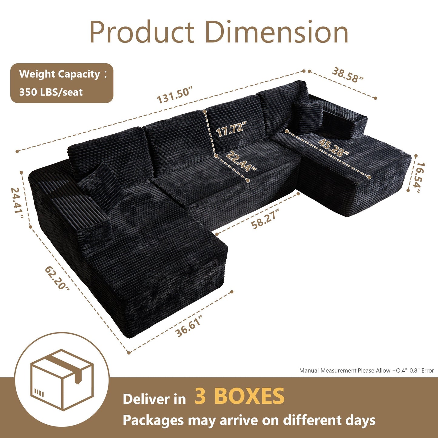 U-Shaped Modular Sectional Sofa with Chaise, Plush Corduroy Fabric, No Assembly