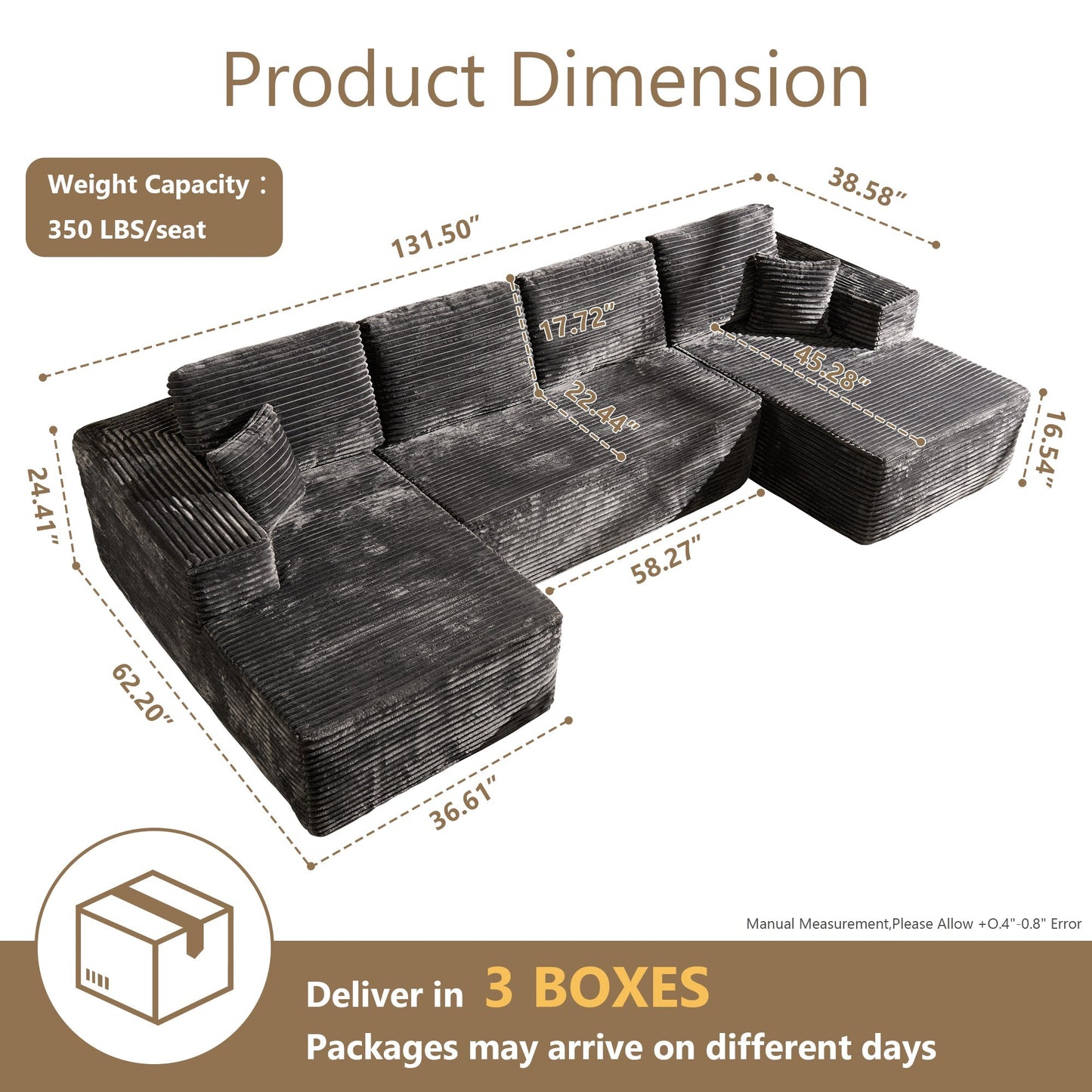 U-Shaped Modular Sectional Sofa with Chaise, Plush Corduroy Fabric, No Assembly