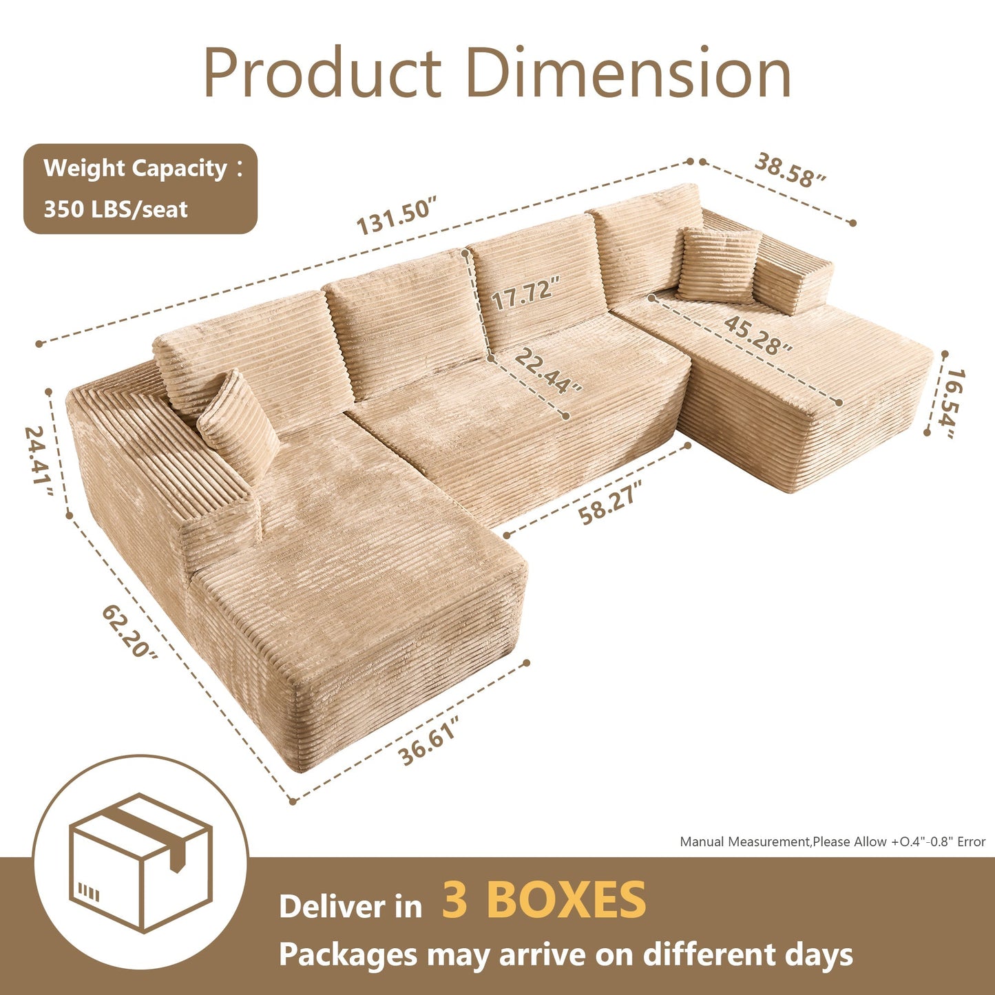 U-Shaped Modular Sectional Sofa with Chaise, Plush Corduroy Fabric, No Assembly