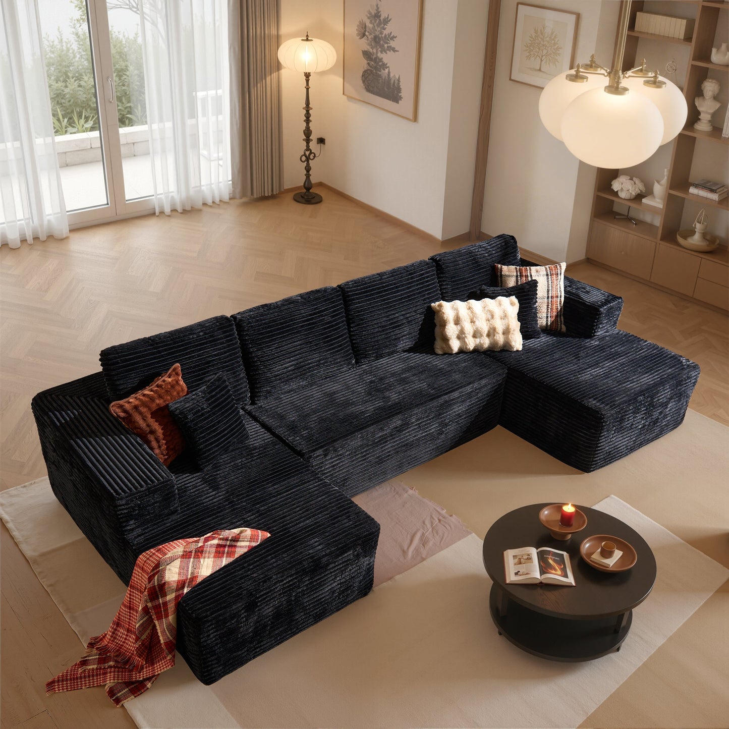 U-Shaped Modular Sectional Sofa with Chaise, Plush Corduroy Fabric, No Assembly
