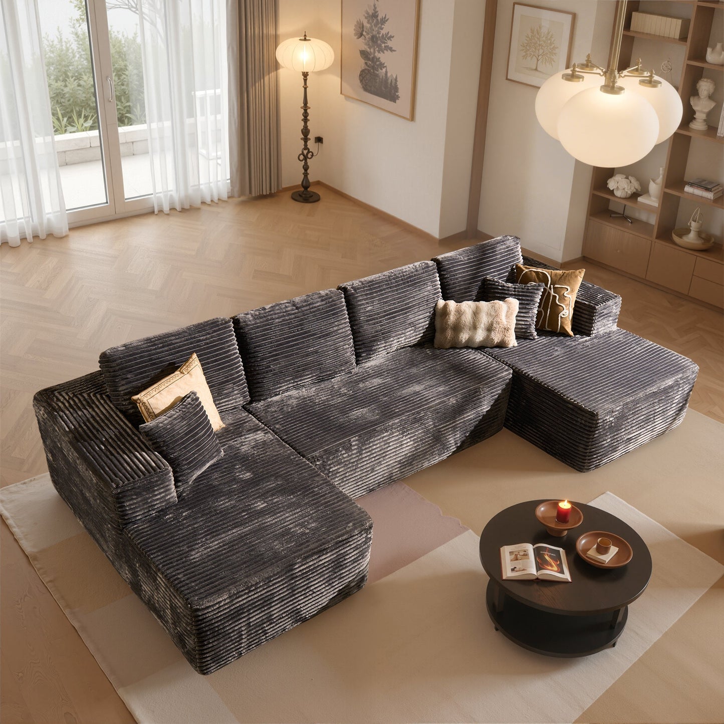 U-Shaped Modular Sectional Sofa with Chaise, Plush Corduroy Fabric, No Assembly