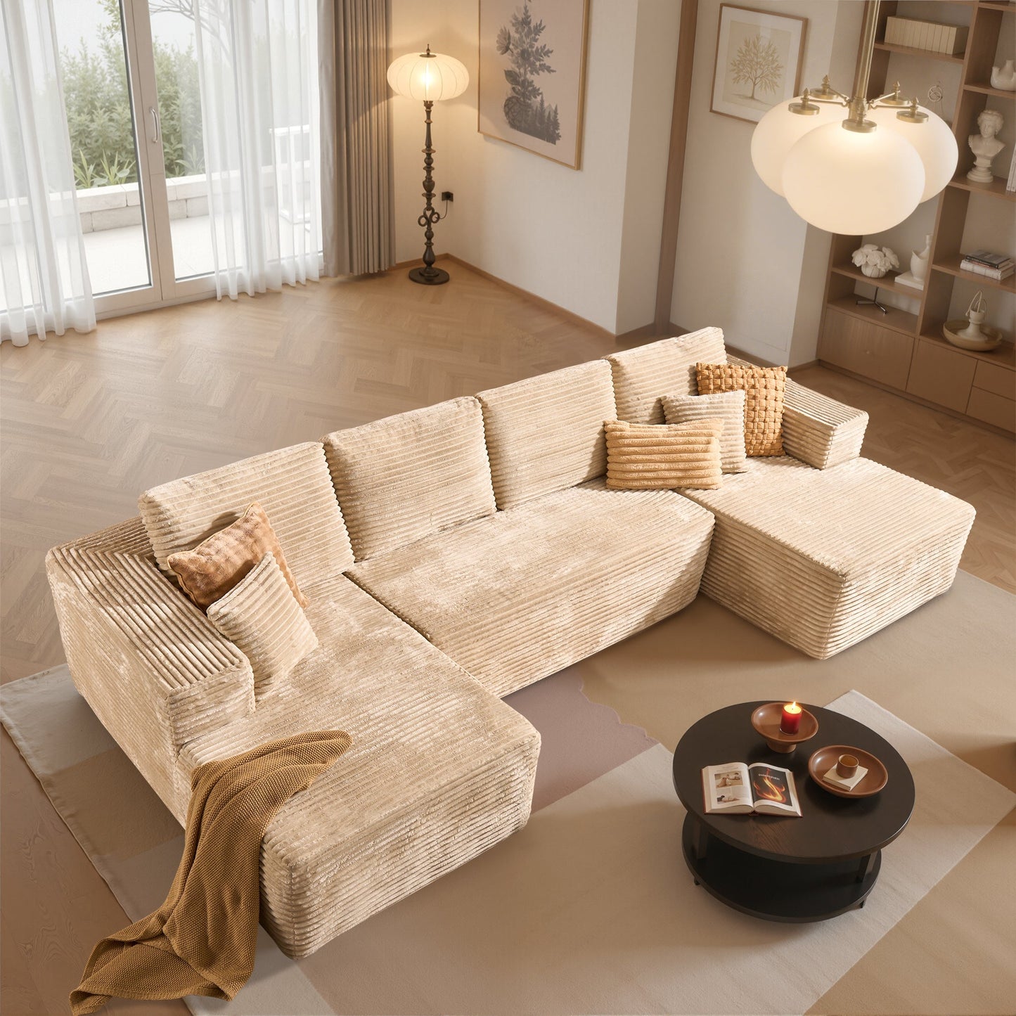U-Shaped Modular Sectional Sofa with Chaise, Plush Corduroy Fabric, No Assembly