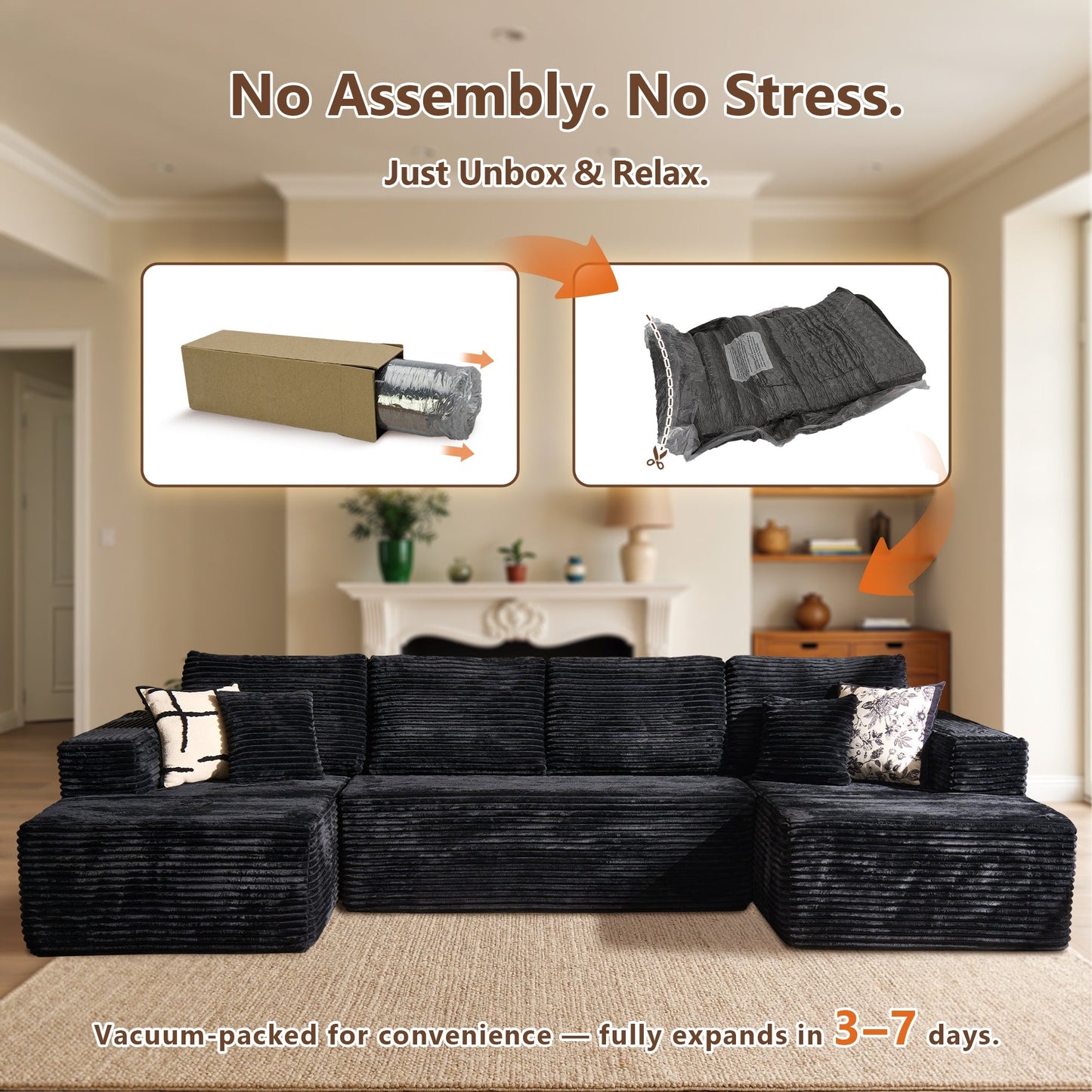 U-Shaped Modular Sectional Sofa with Chaise, Plush Corduroy Fabric, No Assembly