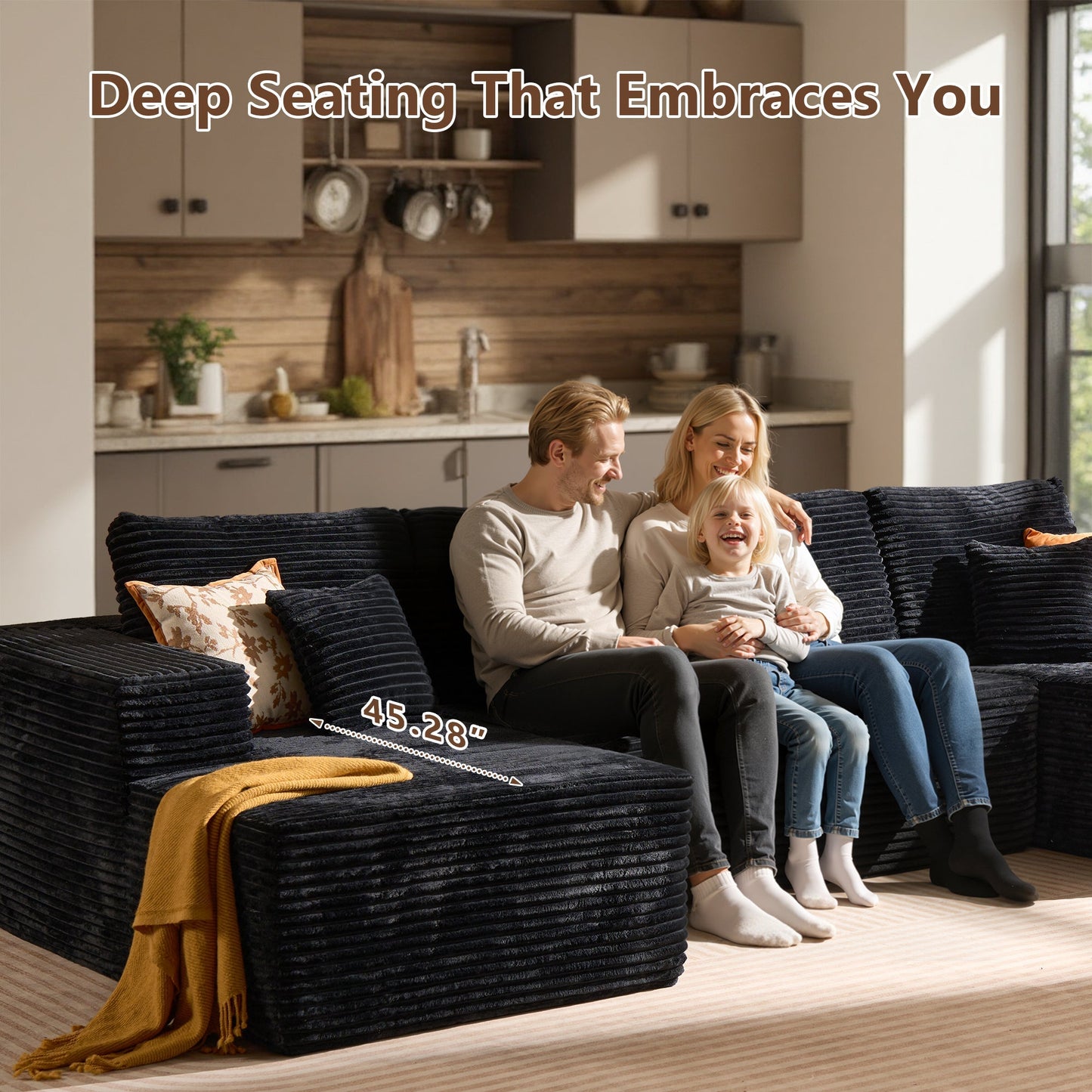 U-Shaped Modular Sectional Sofa with Chaise, Plush Corduroy Fabric, No Assembly