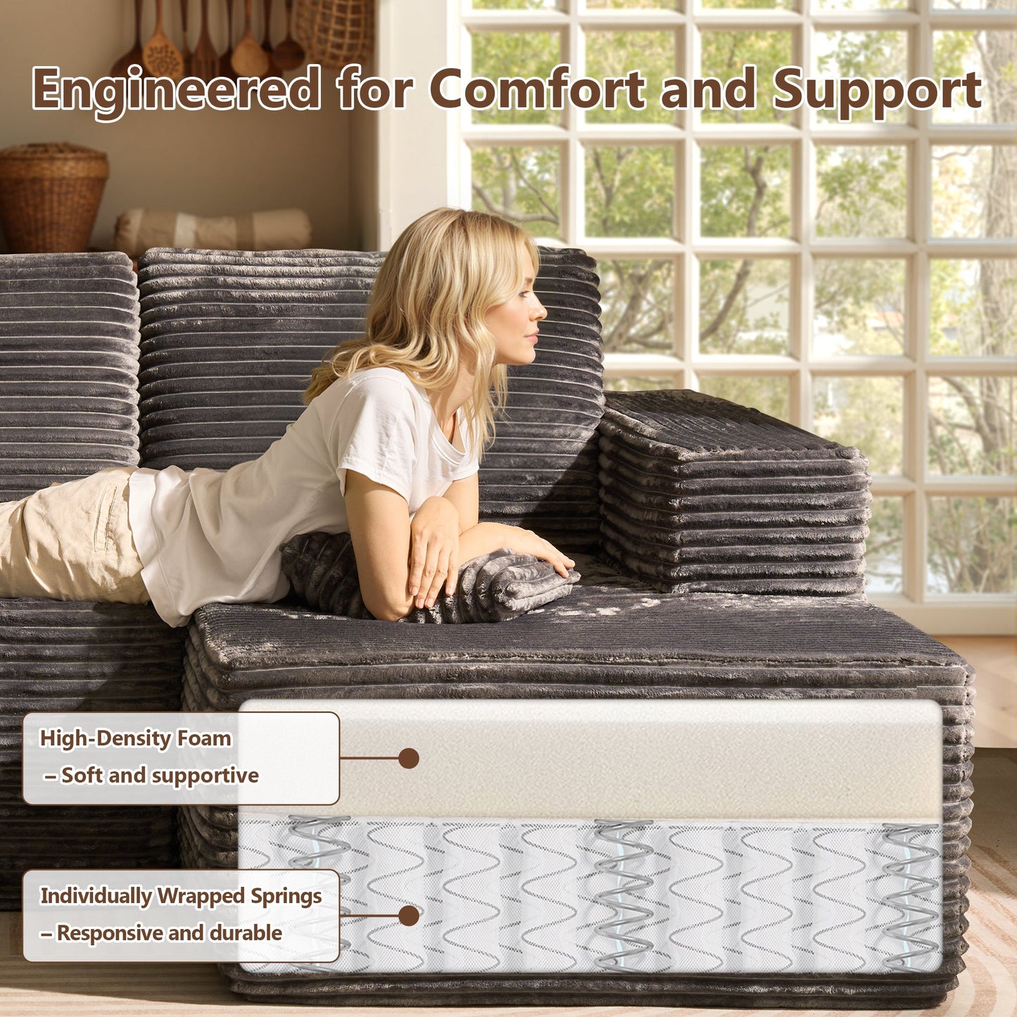 U-Shaped Modular Sectional Sofa with Chaise, Plush Corduroy Fabric, No Assembly