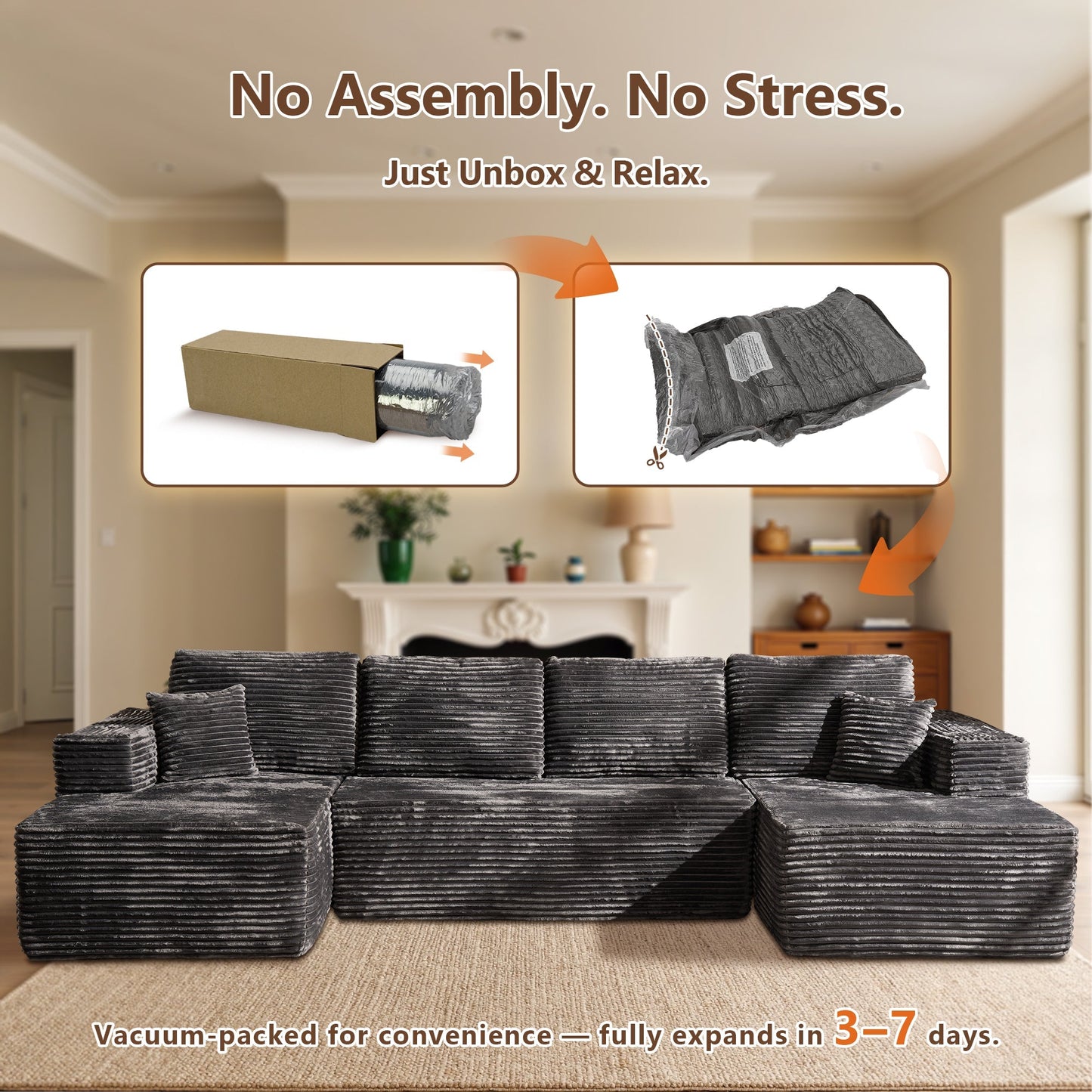 U-Shaped Modular Sectional Sofa with Chaise, Plush Corduroy Fabric, No Assembly