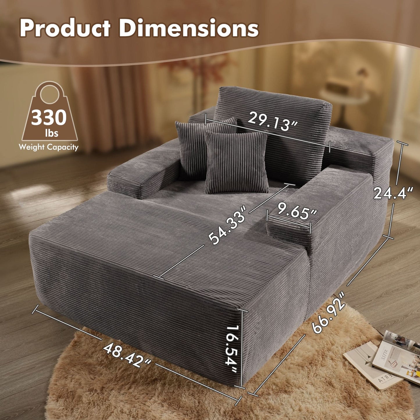 67''x48'' Chaise Lounge Chair Indoor, Oversized Upholstered Sofa Bed
