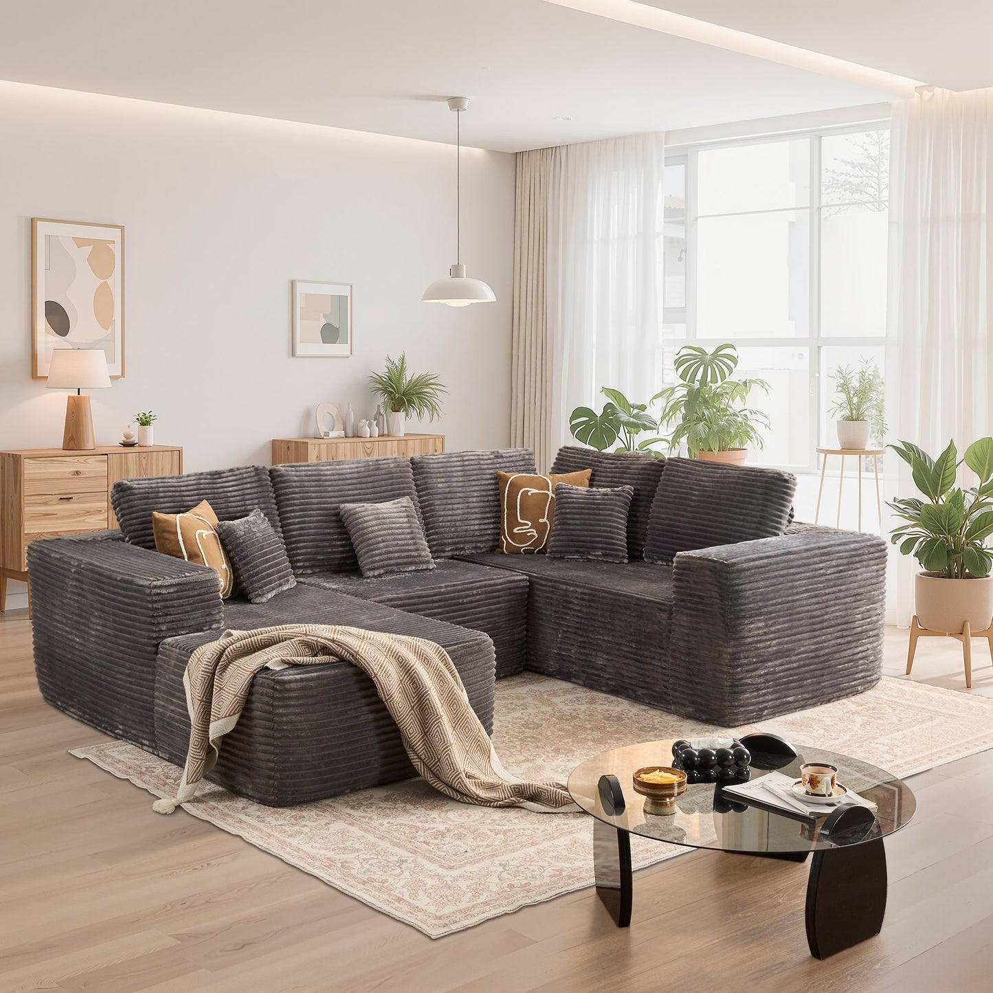 Modular Sectional Cloud Couch, Plush Corduroy Sofa with Memory Foam, No Assembly