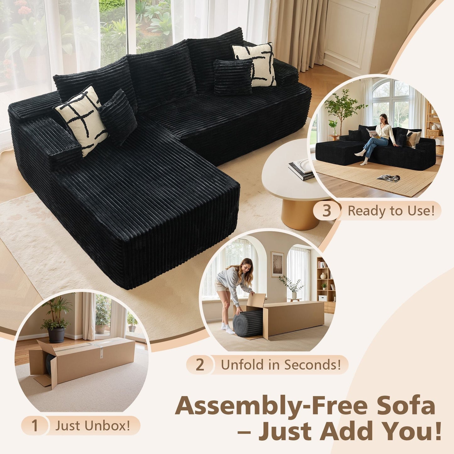 96" Cloud Sectional Couch with L-Shape Chaise,Modern Modular Sofa with Deep Seat, No Assembly Required