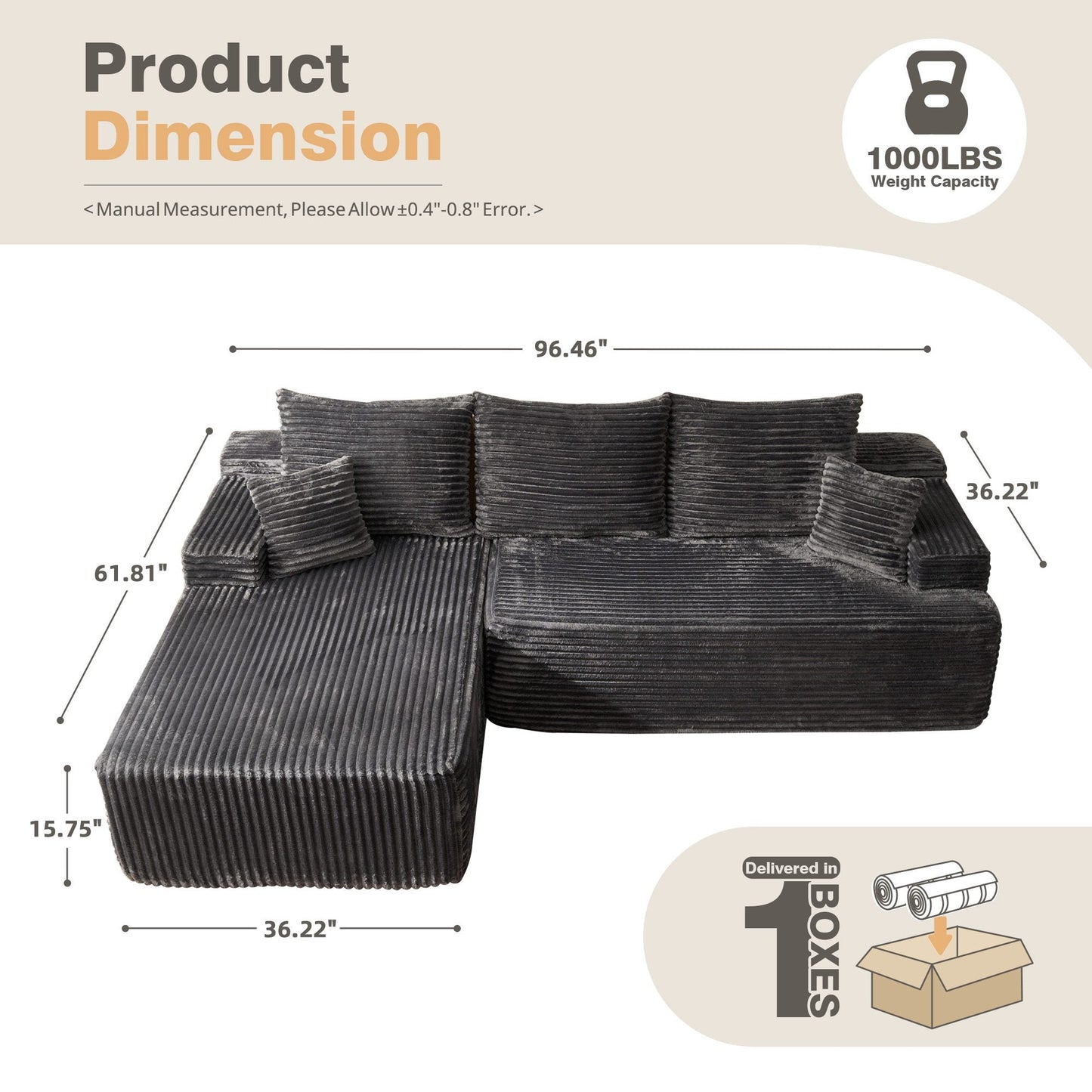 96" Cloud Sectional Couch with L-Shape Chaise,Modern Modular Sofa with Deep Seat, No Assembly Required