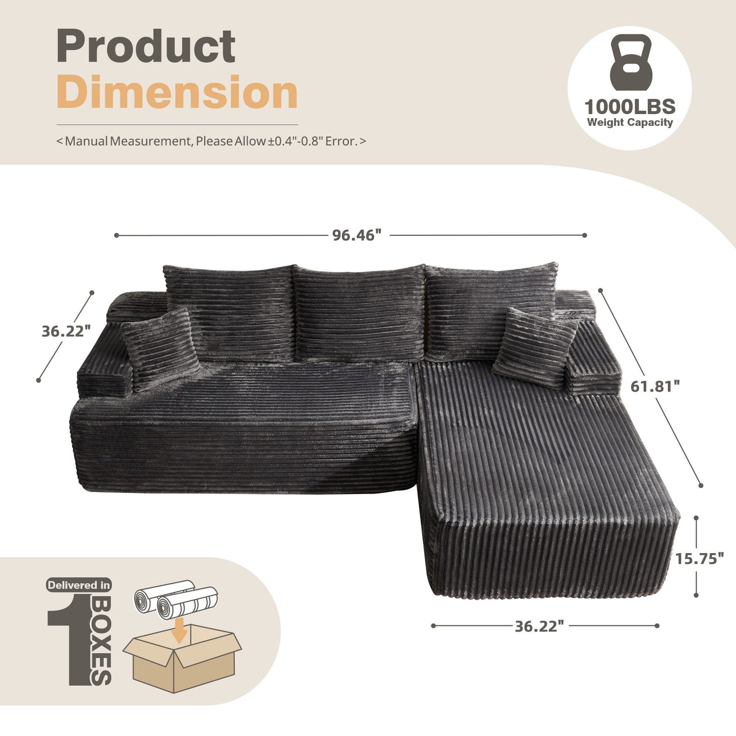 96" Cloud Sectional Couch with L-Shape Chaise,Modern Modular Sofa with Deep Seat, No Assembly Required