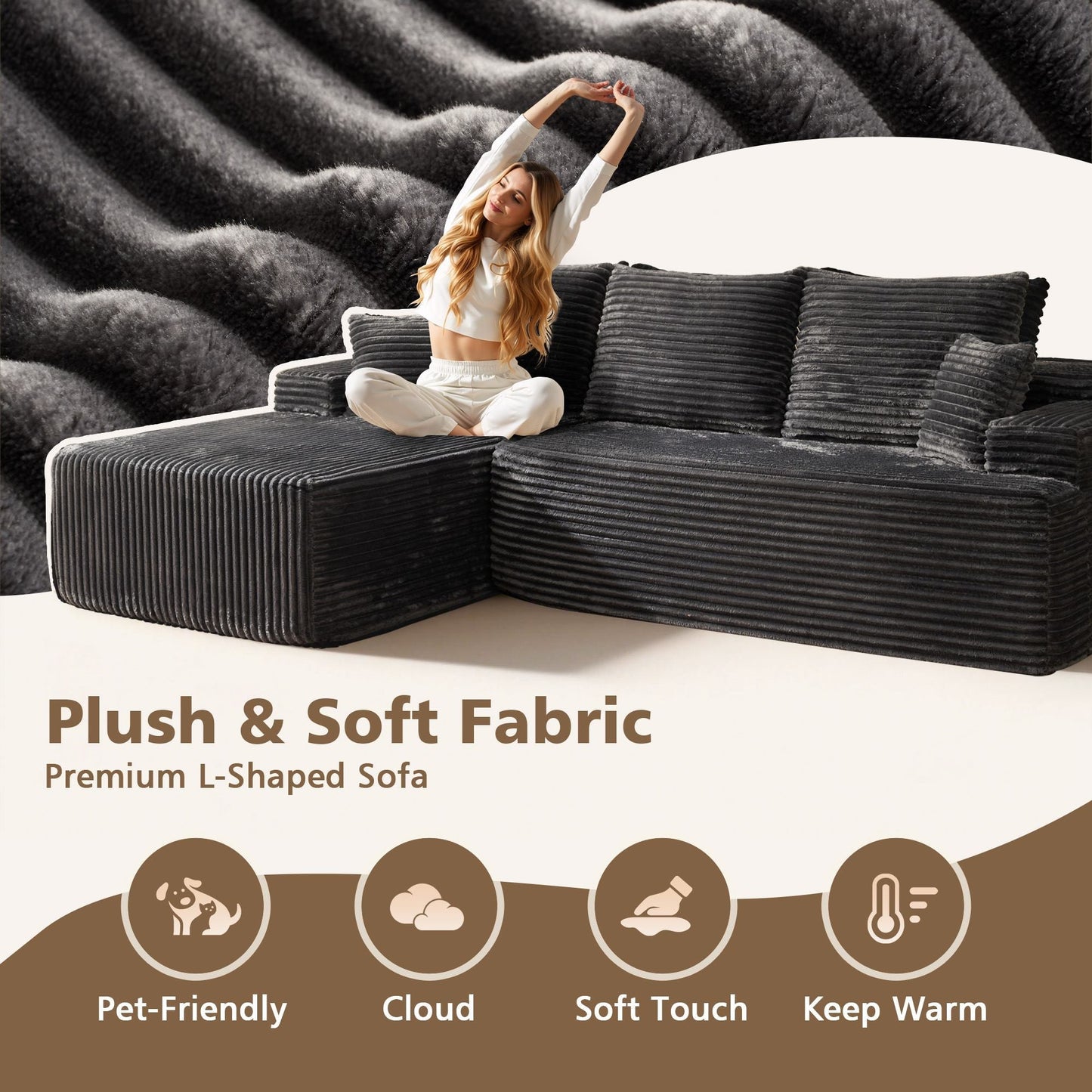 96" Cloud Sectional Couch with L-Shape Chaise,Modern Modular Sofa with Deep Seat, No Assembly Required