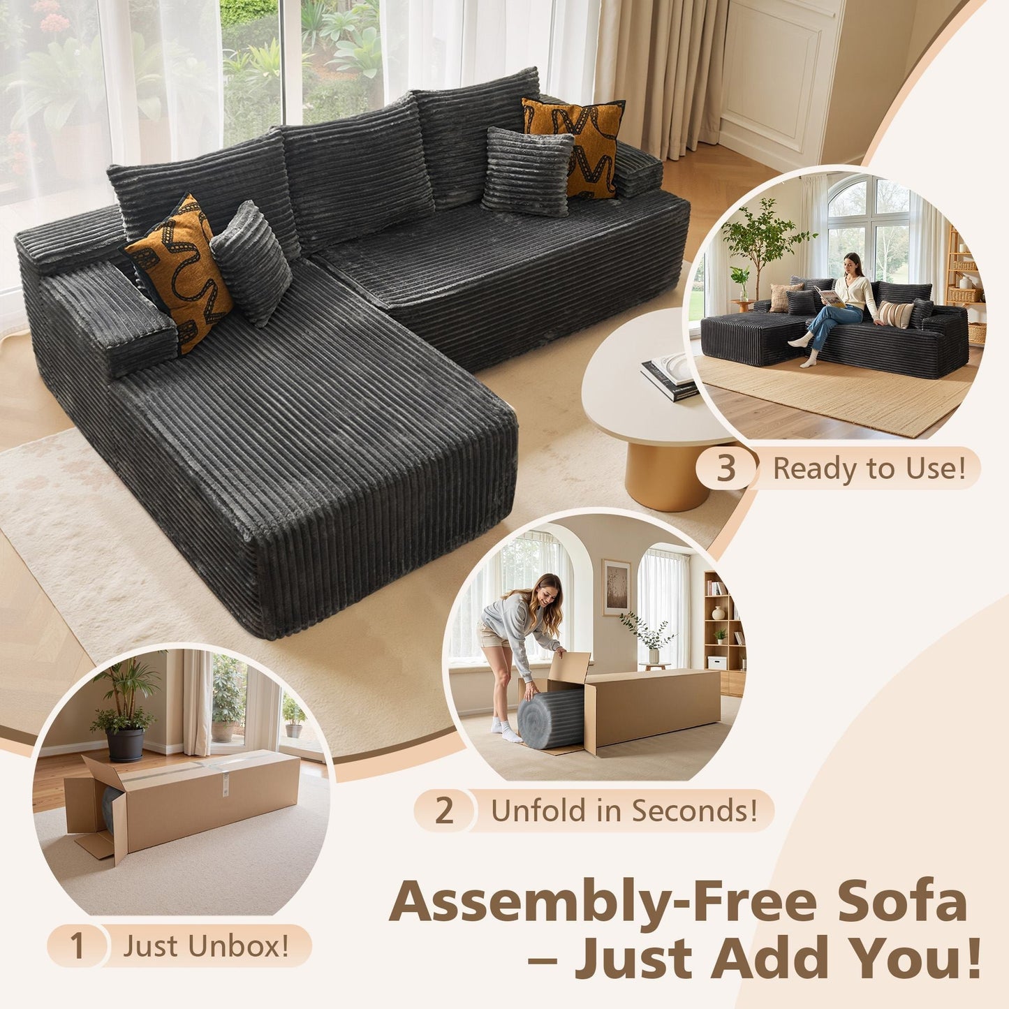 96" Cloud Sectional Couch with L-Shape Chaise,Modern Modular Sofa with Deep Seat, No Assembly Required