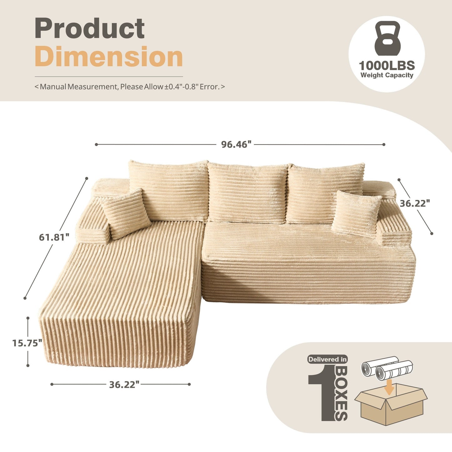 96" Cloud Sectional Couch with L-Shape Chaise,Modern Modular Sofa with Deep Seat, No Assembly Required