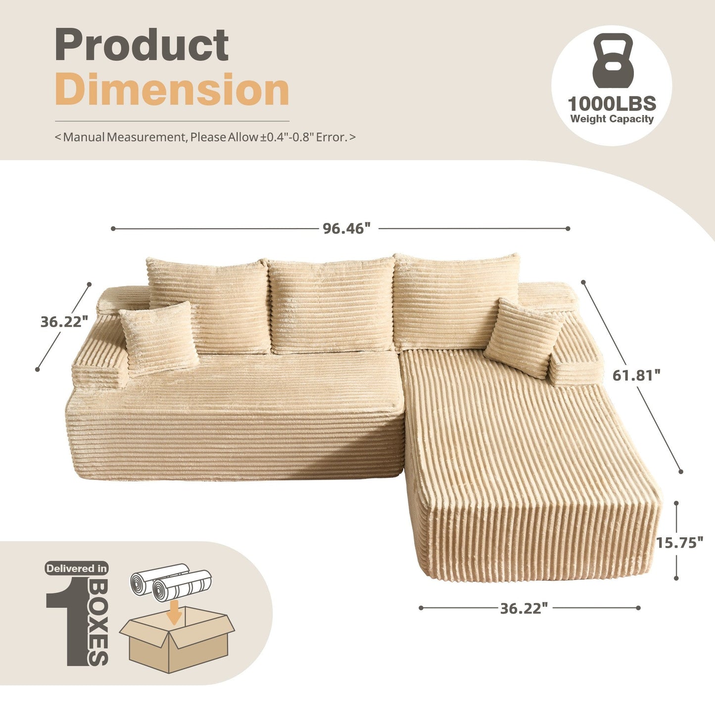 96" Cloud Sectional Couch with L-Shape Chaise,Modern Modular Sofa with Deep Seat, No Assembly Required