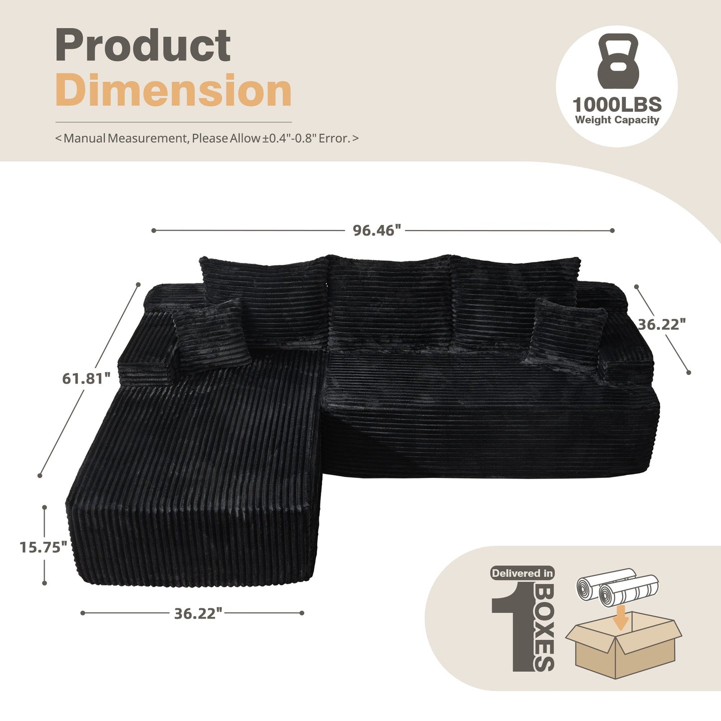 96" Cloud Sectional Couch with L-Shape Chaise,Modern Modular Sofa with Deep Seat, No Assembly Required