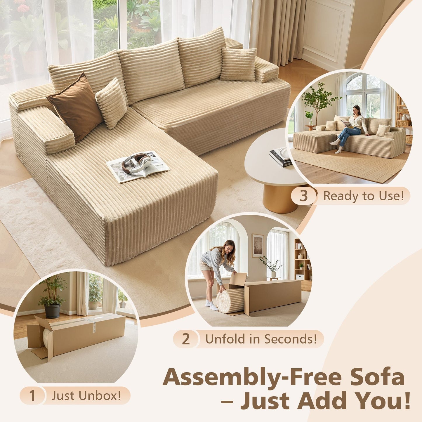 96" Cloud Sectional Couch with L-Shape Chaise,Modern Modular Sofa with Deep Seat, No Assembly Required