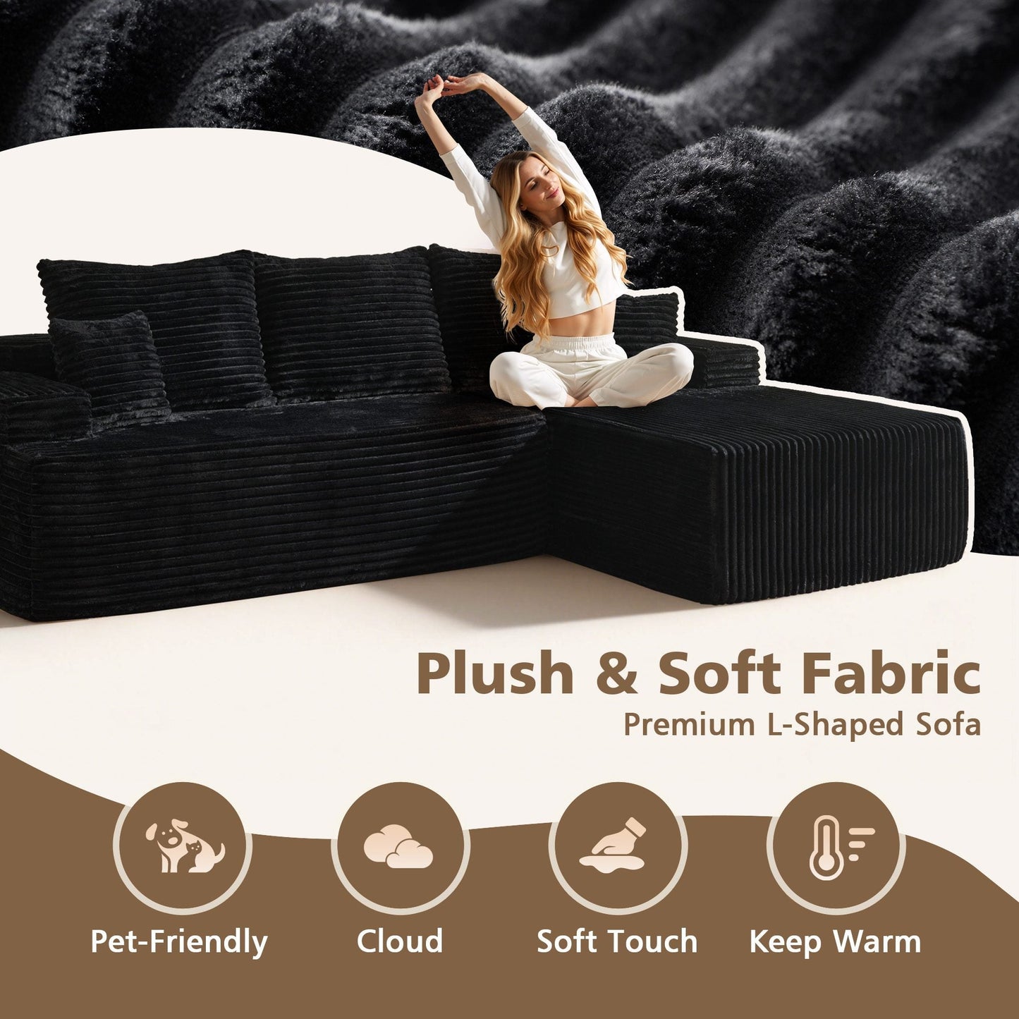 96" Cloud Sectional Couch with L-Shape Chaise,Modern Modular Sofa with Deep Seat, No Assembly Required