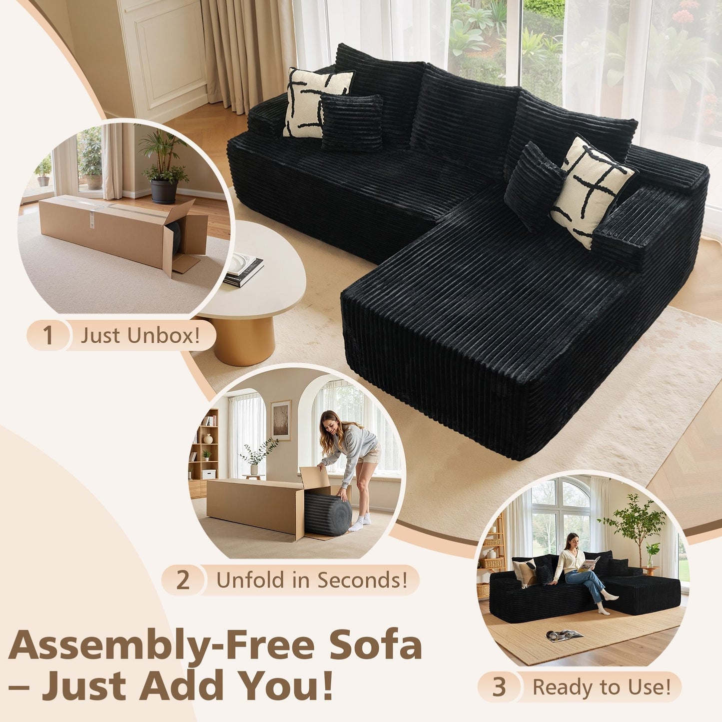 96" Cloud Sectional Couch with L-Shape Chaise,Modern Modular Sofa with Deep Seat, No Assembly Required