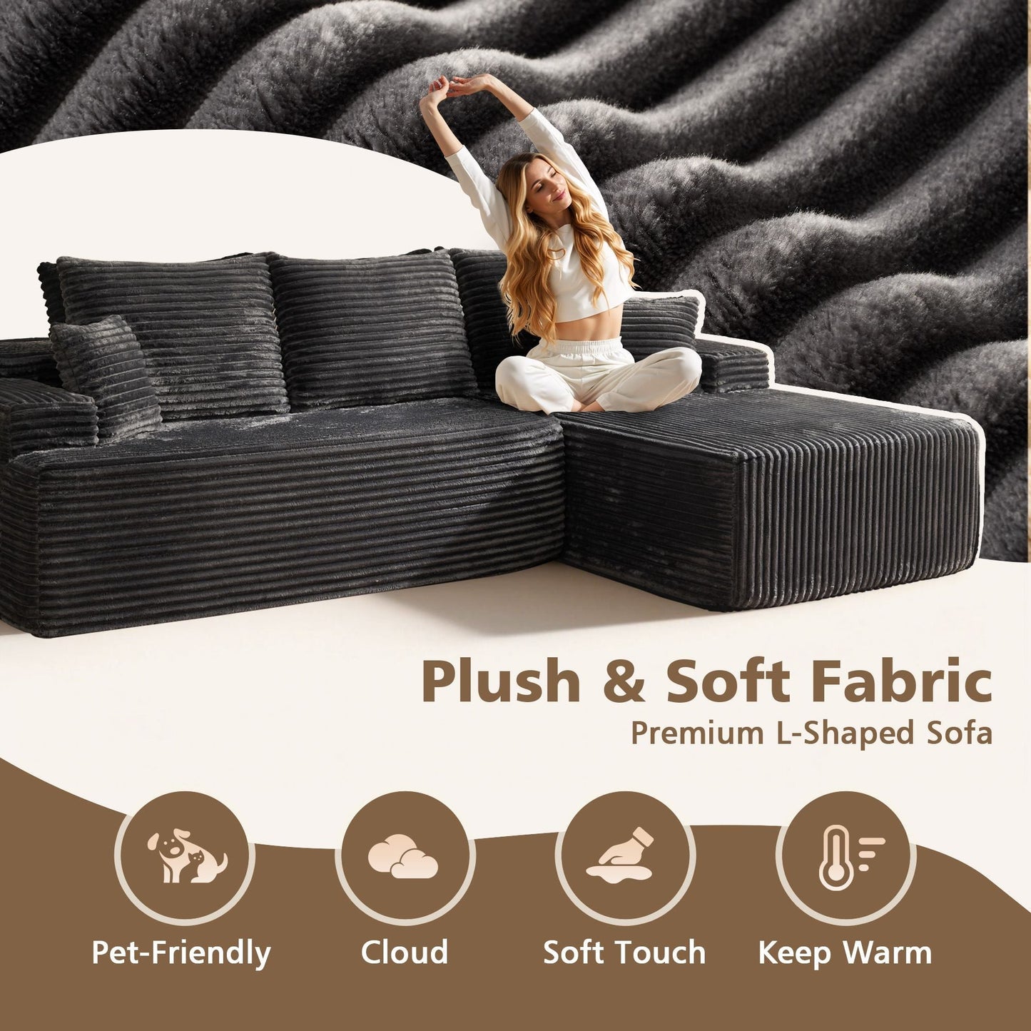 96" Cloud Sectional Couch with L-Shape Chaise,Modern Modular Sofa with Deep Seat, No Assembly Required