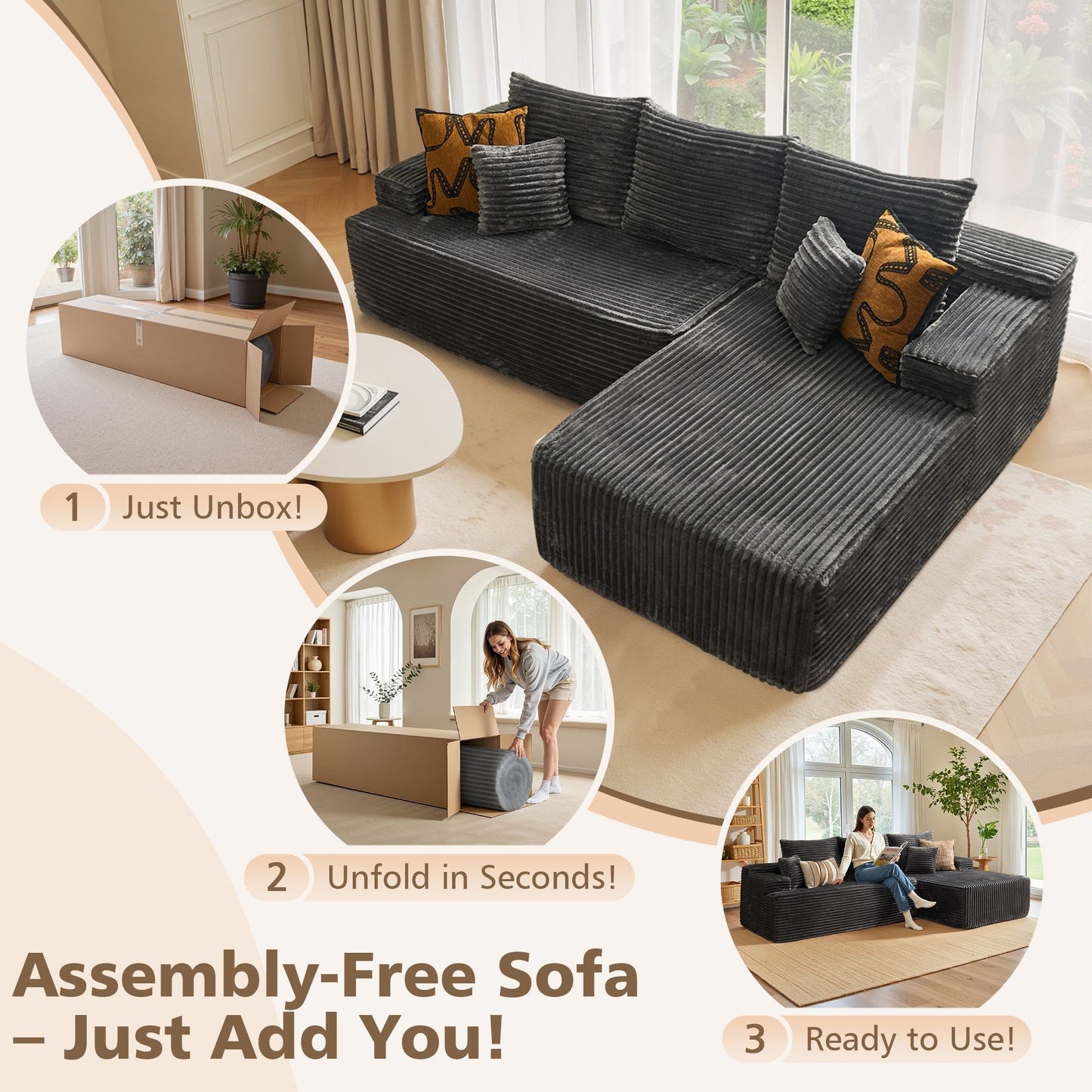 96" Cloud Sectional Couch with L-Shape Chaise,Modern Modular Sofa with Deep Seat, No Assembly Required