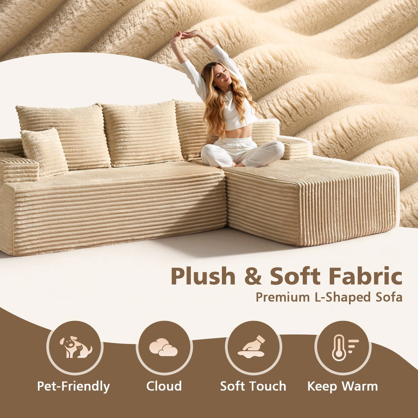 96" Cloud Sectional Couch with L-Shape Chaise,Modern Modular Sofa with Deep Seat, No Assembly Required