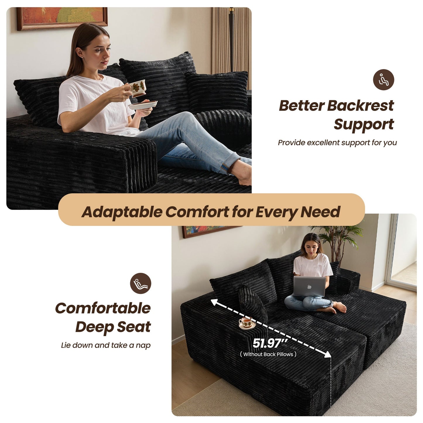 74.8" Boneless Sofa, Sleeper Couch, No Assembly Required