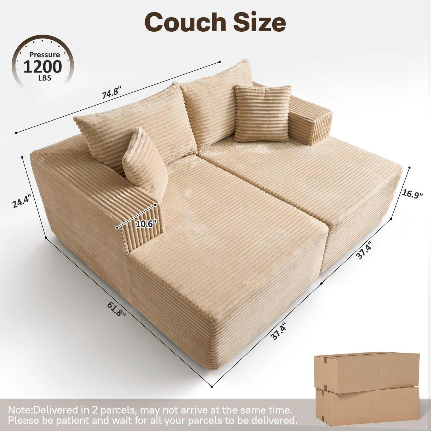74.8" Boneless Sofa, Sleeper Couch, No Assembly Required