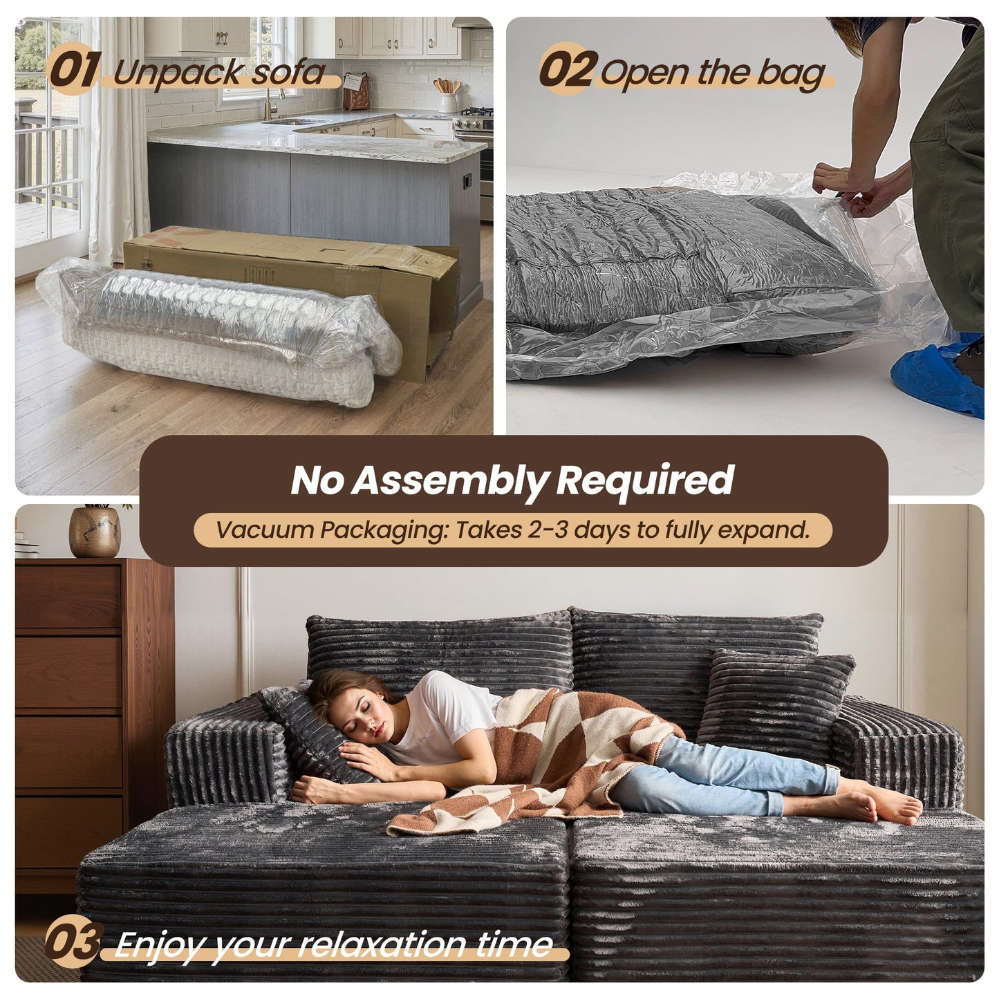 74.8" Boneless Sofa, Sleeper Couch, No Assembly Required