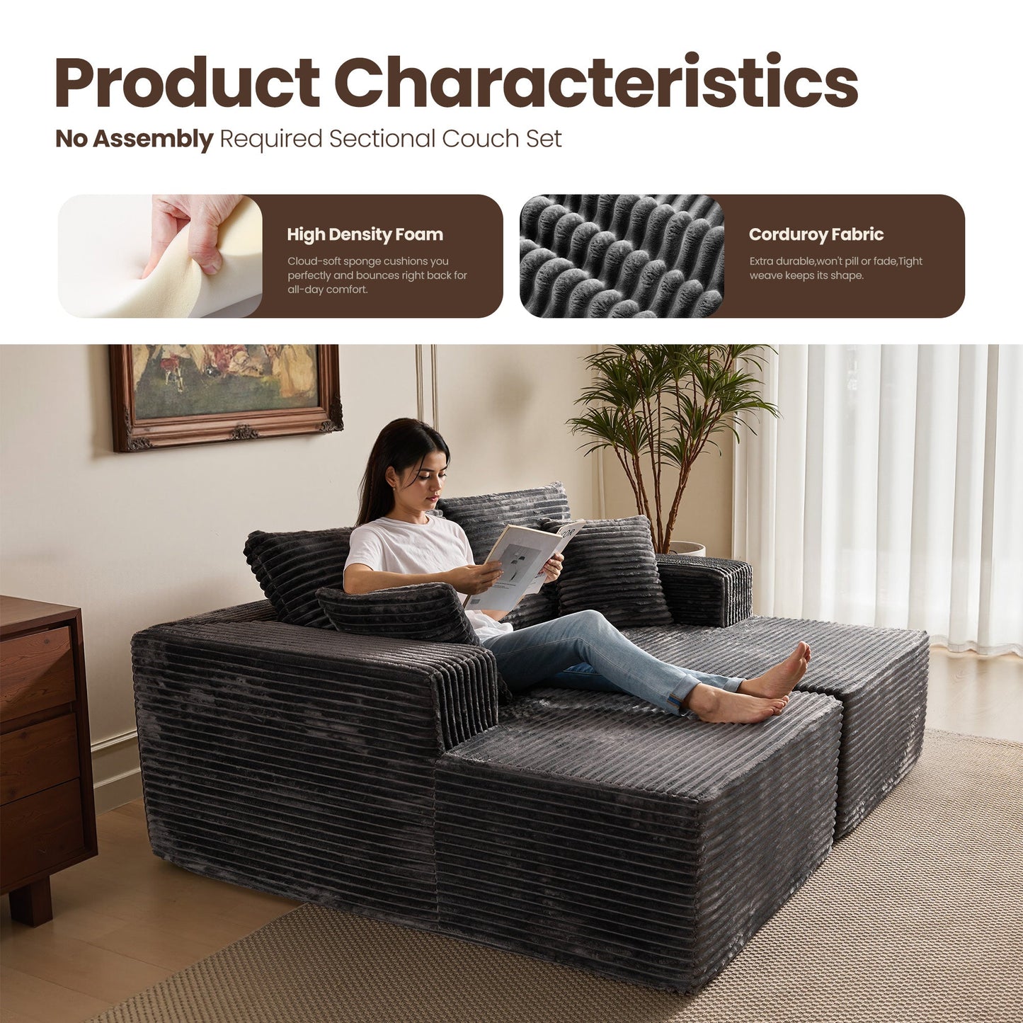 74.8" Boneless Sofa, Sleeper Couch, No Assembly Required