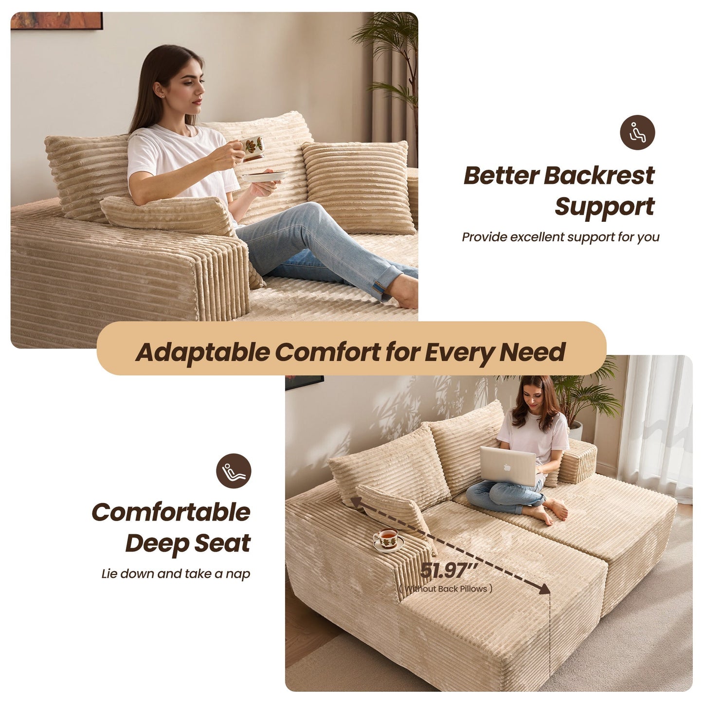 74.8" Boneless Sofa, Sleeper Couch, No Assembly Required