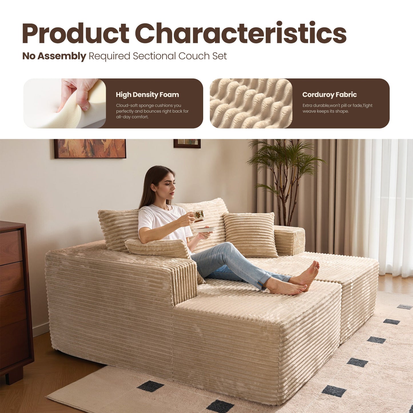 74.8" Boneless Sofa, Sleeper Couch, No Assembly Required