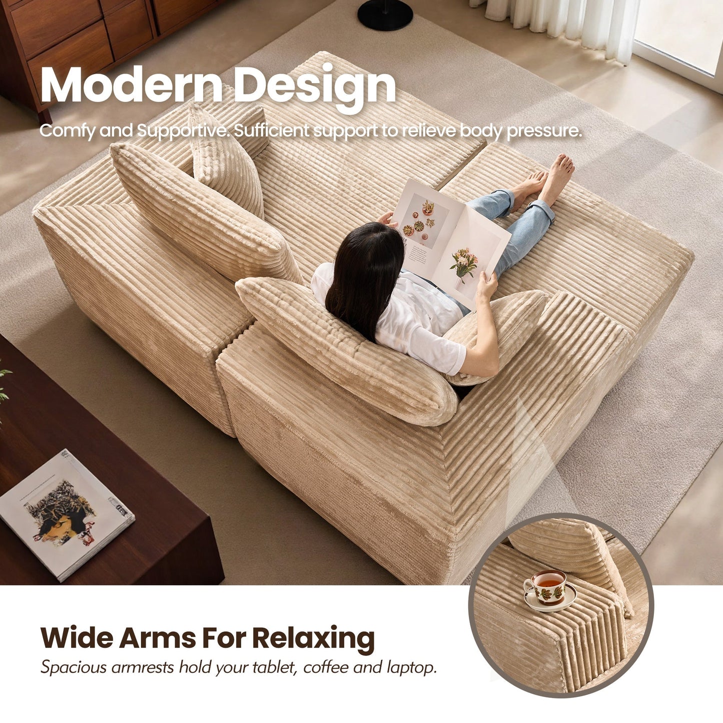 74.8" Boneless Sofa, Sleeper Couch, No Assembly Required